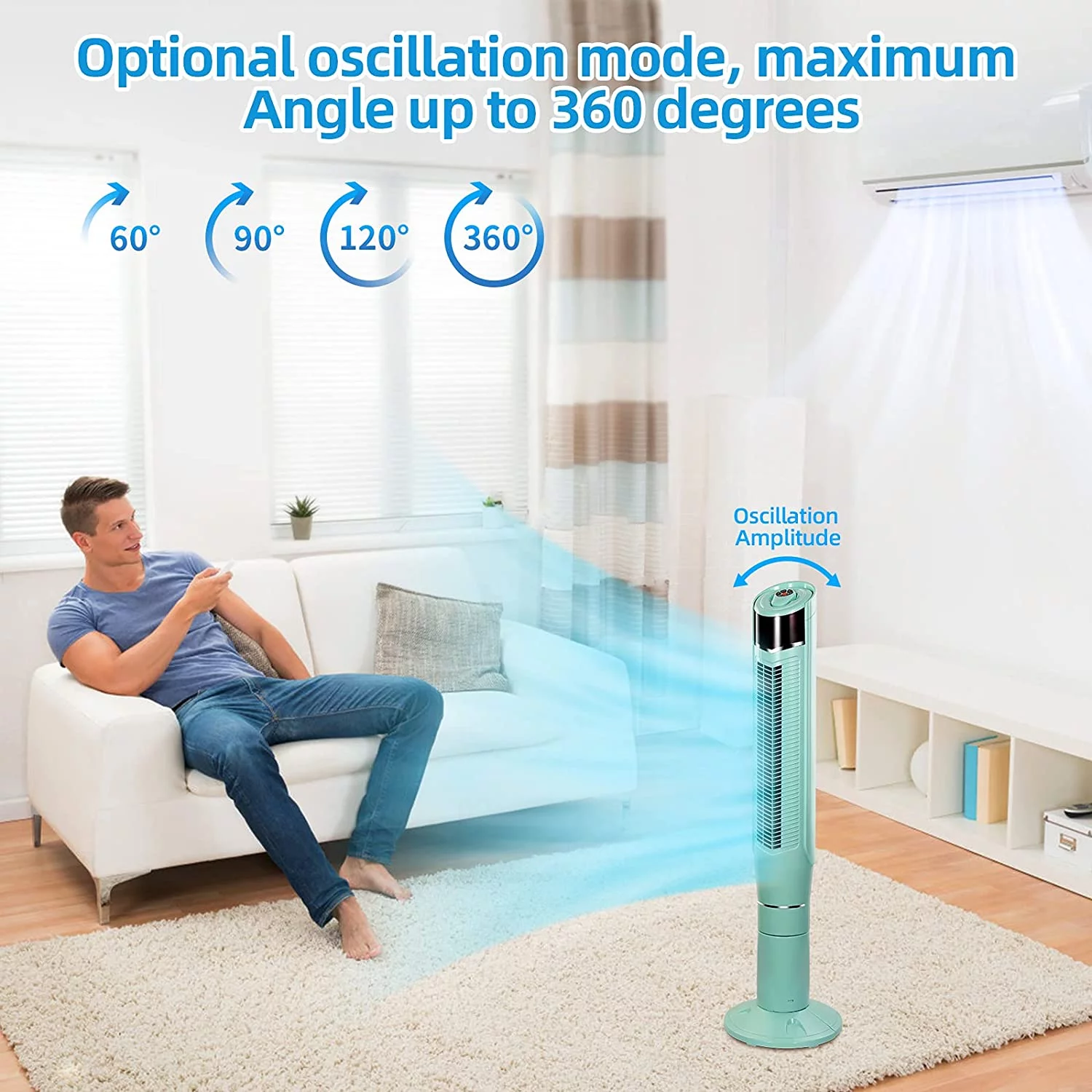 Auseo Tower Fan with Oscillation, Ionizer, Remote Control, Standing Fan for Office, Portable Bladeless Floor Fan for Home with Children/Pets/Elders, 8 Wind Speed,47'(Green)