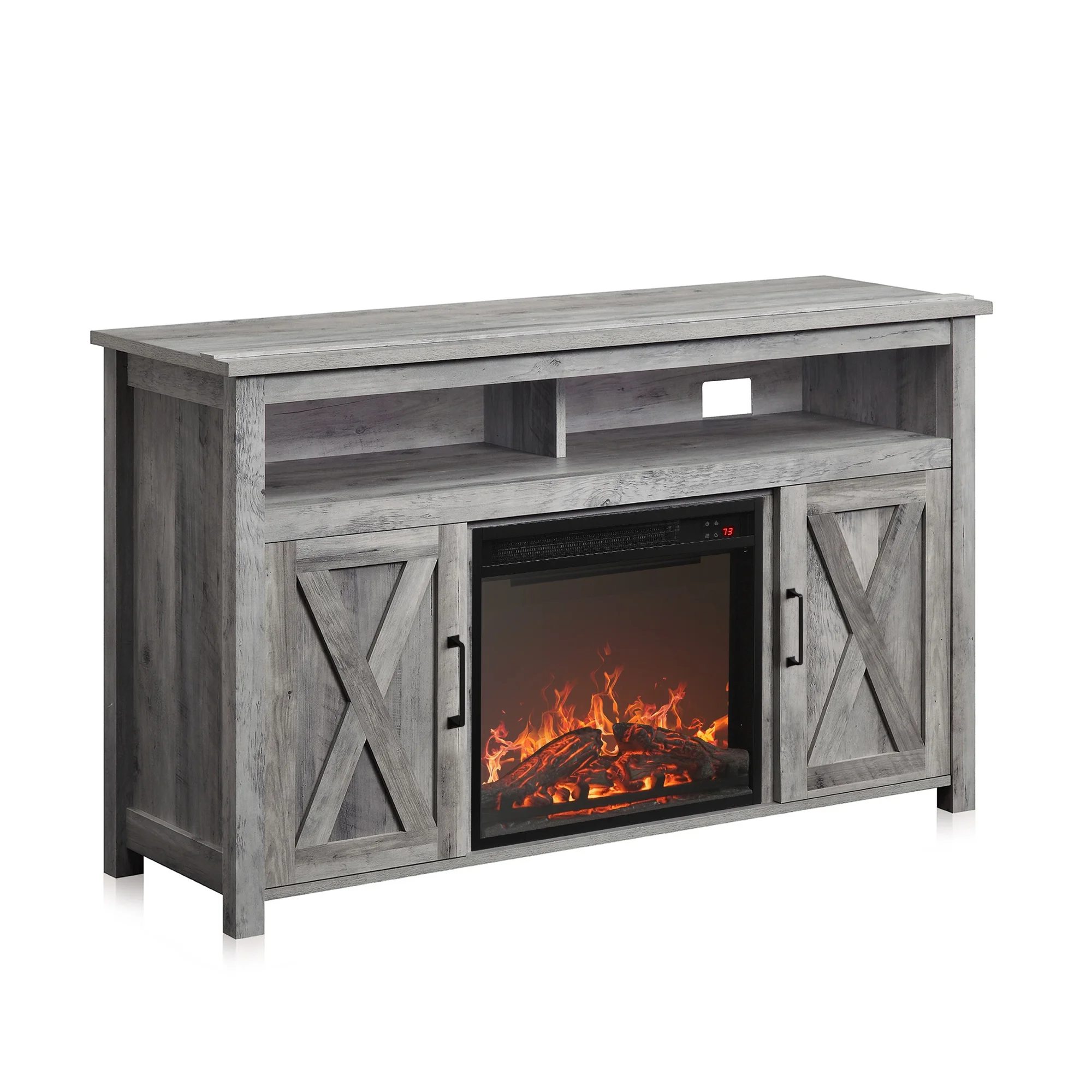 BELLEZE 48' Barn Door TV Stand Media Entertainment Center For TVs up to 50' with 18' Fireplace - Corin (Gray Wash)