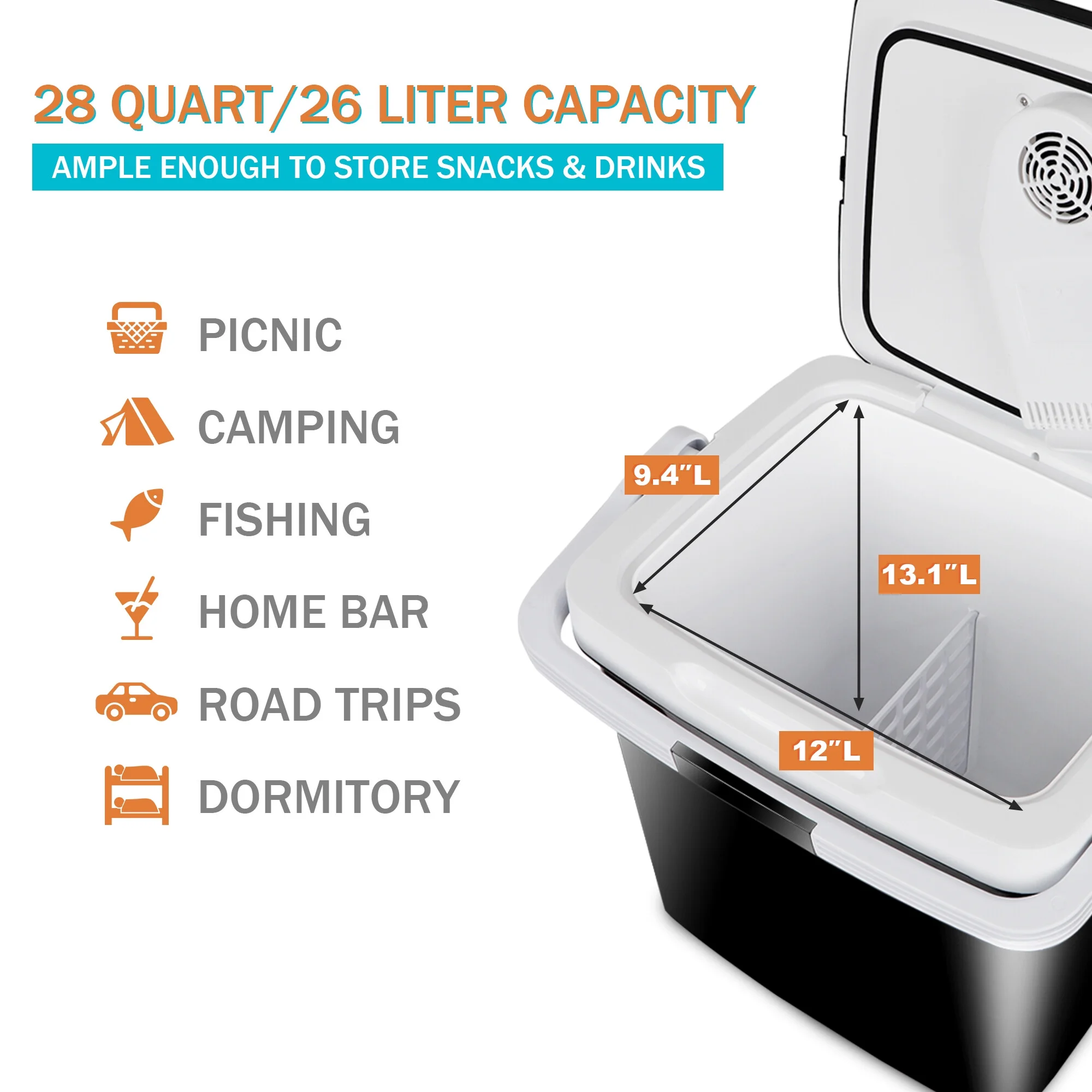 F2C 28Qt Mini Thermoelectric Cooler/Warmer Portable Electric Car Fridge Travel Road Trips Camping Top Door