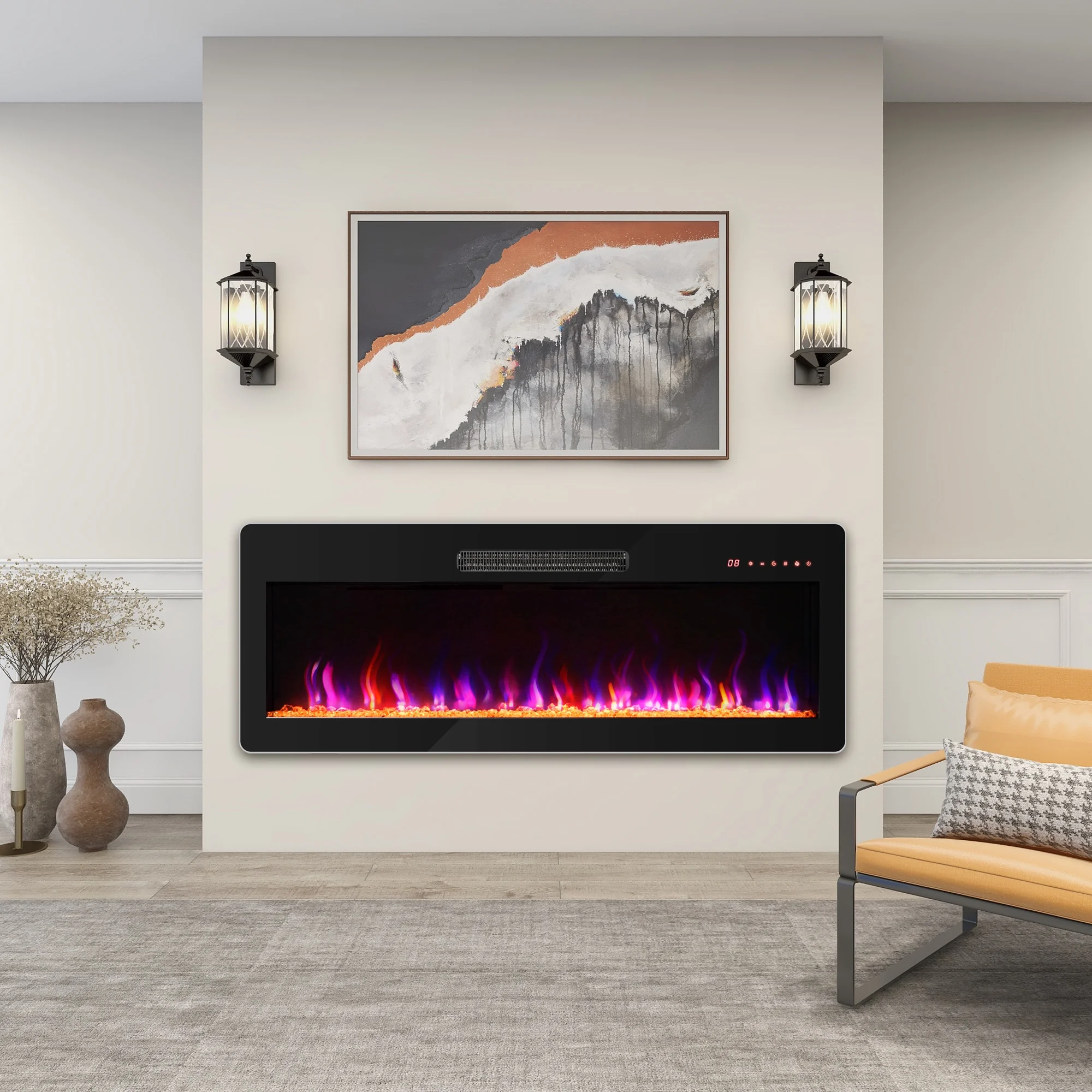 BELLEZE 42' Electric Fireplace Heater, 1400 W Recessed & Wall Mounted Electric Fireplace with Remote Control, Freestanding Heater with Adjustable Flame Color and Brightness, Timer, Touch Screen