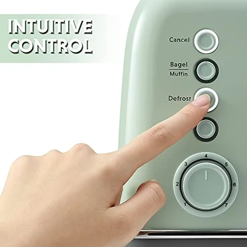 BUYDEEM Retro Stainless Steel 2-Slice Toaster, Wide Slots, High Lift Lever, Bagel & Muffin Function, Removable Crumb Tray, 7 Toasting Levels, Cozy Greenish