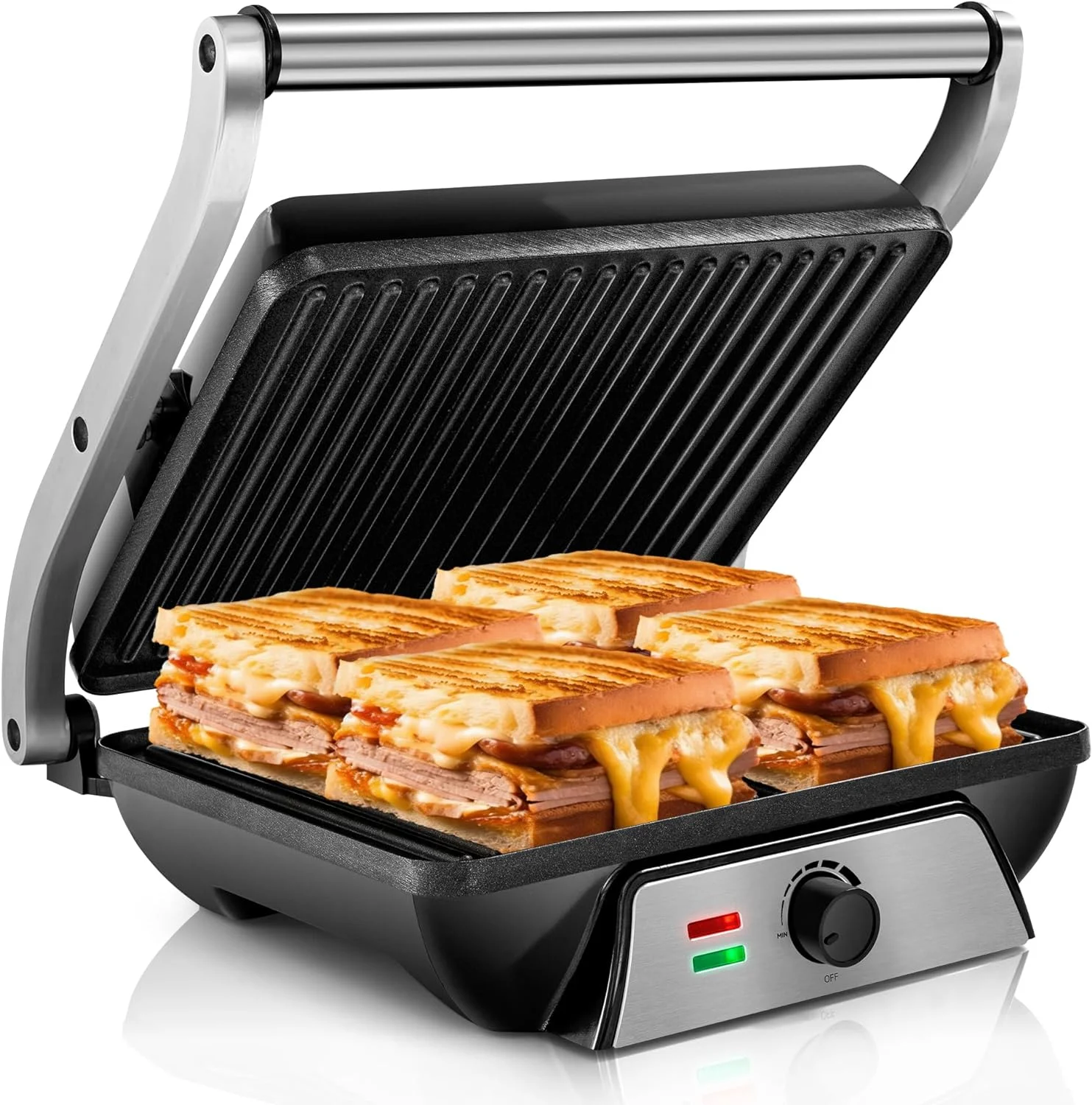 3-in-1 Electric Indoor Grill - Panini Press with Non-Stick Cooking Plates, Opens 180-Degree Gourmet Sandwich Maker, Floating Hinge Fits All Foods, Panini Press Grill with Grease Tray