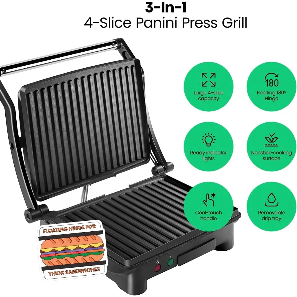 4 Slice Sandwich Maker Stainless Steel with Non-Stick Coated Plates Removable Drip Tray