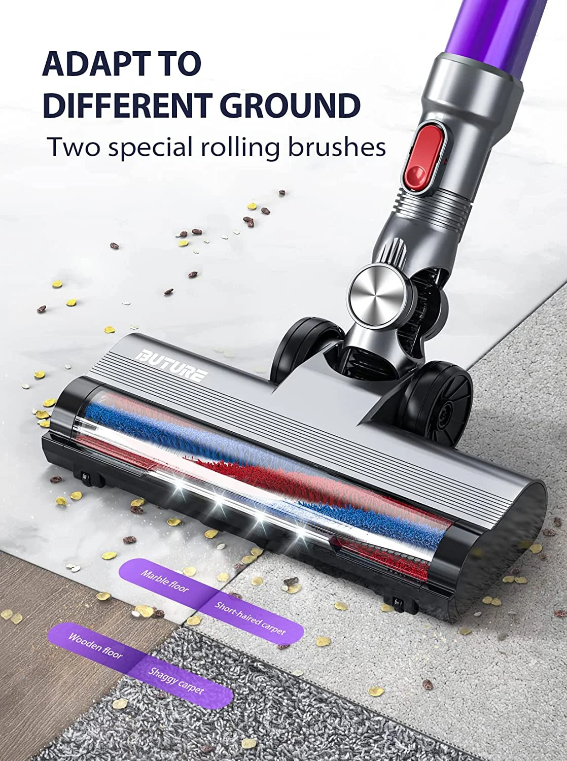 BUTURE Cordless Vacuum Cleaner, 33KPA 400W Powerful Stick Vacuum with LED Touch Screen, Detachable Battery 55 Min Runtime, Vacuum Cleaner with 1.2L Dust Cup for Hard Floor/Carpet/Pet Hair