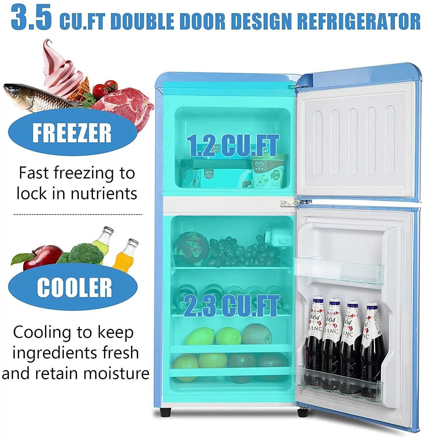 Krib Bling 3.5 cu.ft Compact Refrigerator, Retro Mini Fridge with Freezer, Small Drink Chiller with 2 Door, Blue
