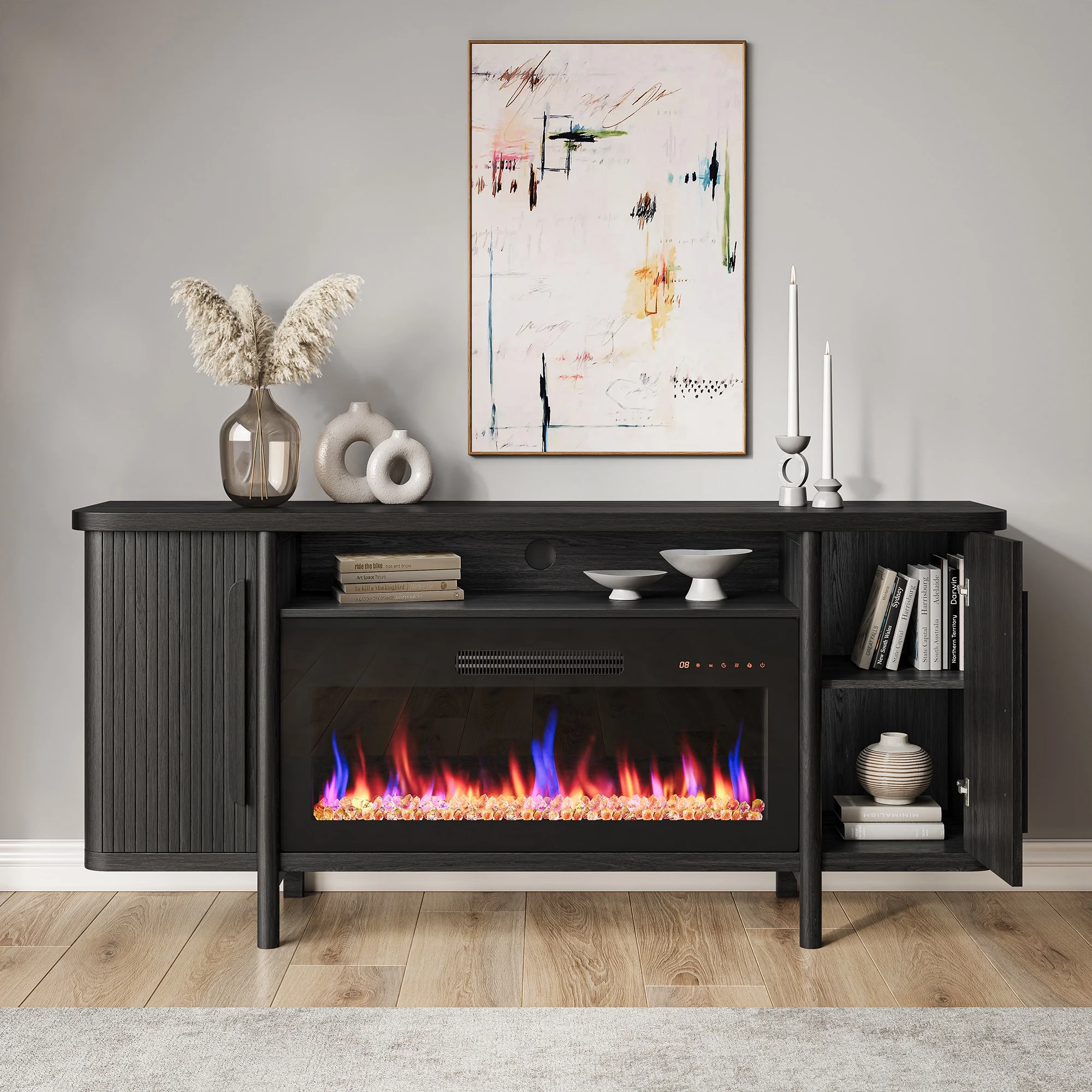 BELLEZE 66' TV Stand with 36' Electric Fireplace, Wood Console Table for TVs up to 75 Inches, Entertainment Center with Storage Cabinets for Living Room, Bedroom - Portman (Espresso Black)