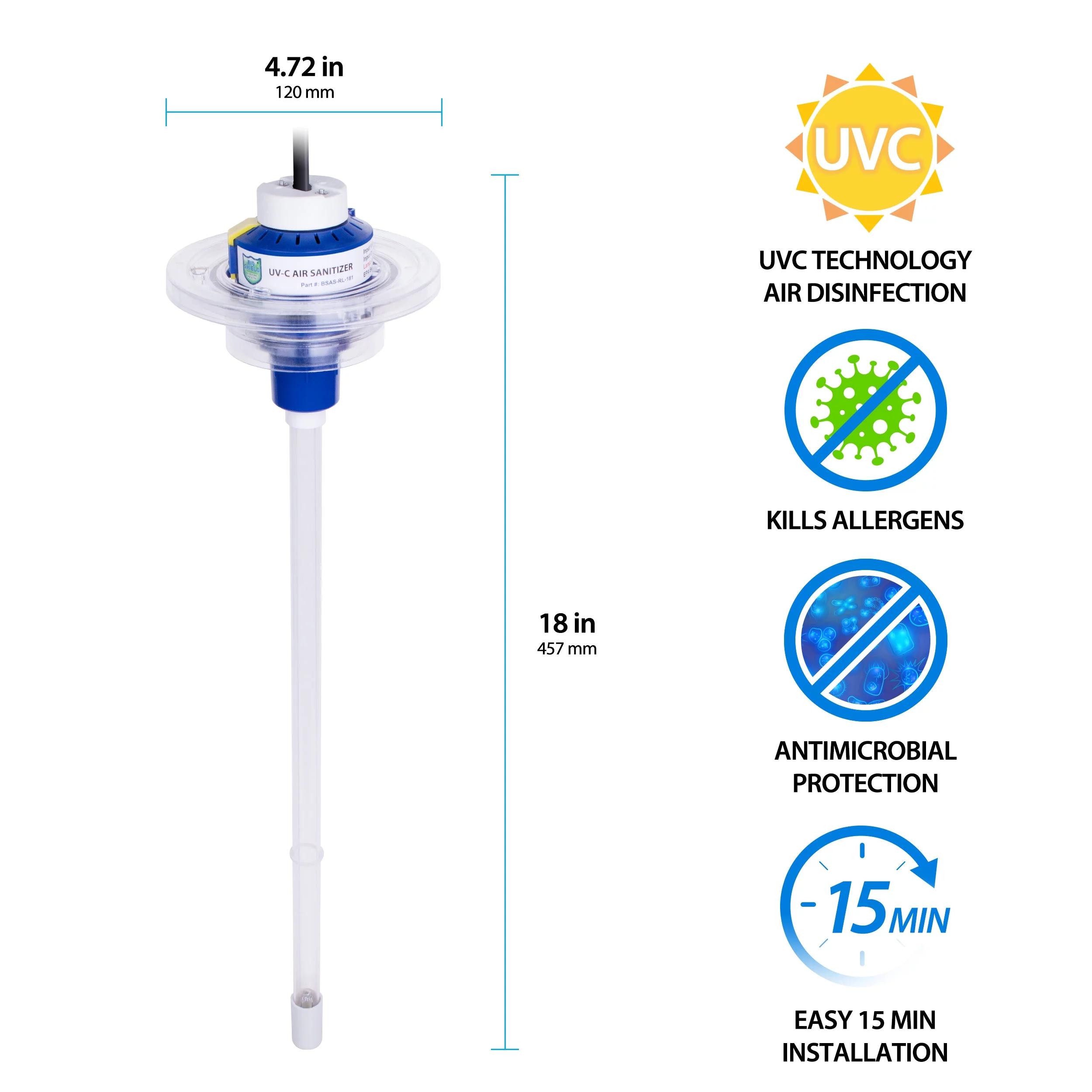 Bio-Shield UV-C Air Sanitizer System - Germicidal, Cleans Air of Bacteria, Germs, Mold and Allergens 50-BUVAS-E