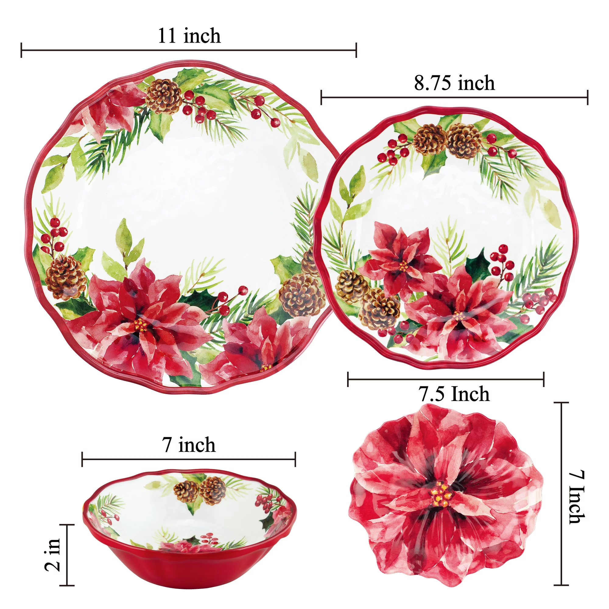 Gourmet Art 16-Piece Melamine Dinnerware Set, Includes Dinner Plates, Salad Plates, Bowls, Service for 4. (Pinecones)