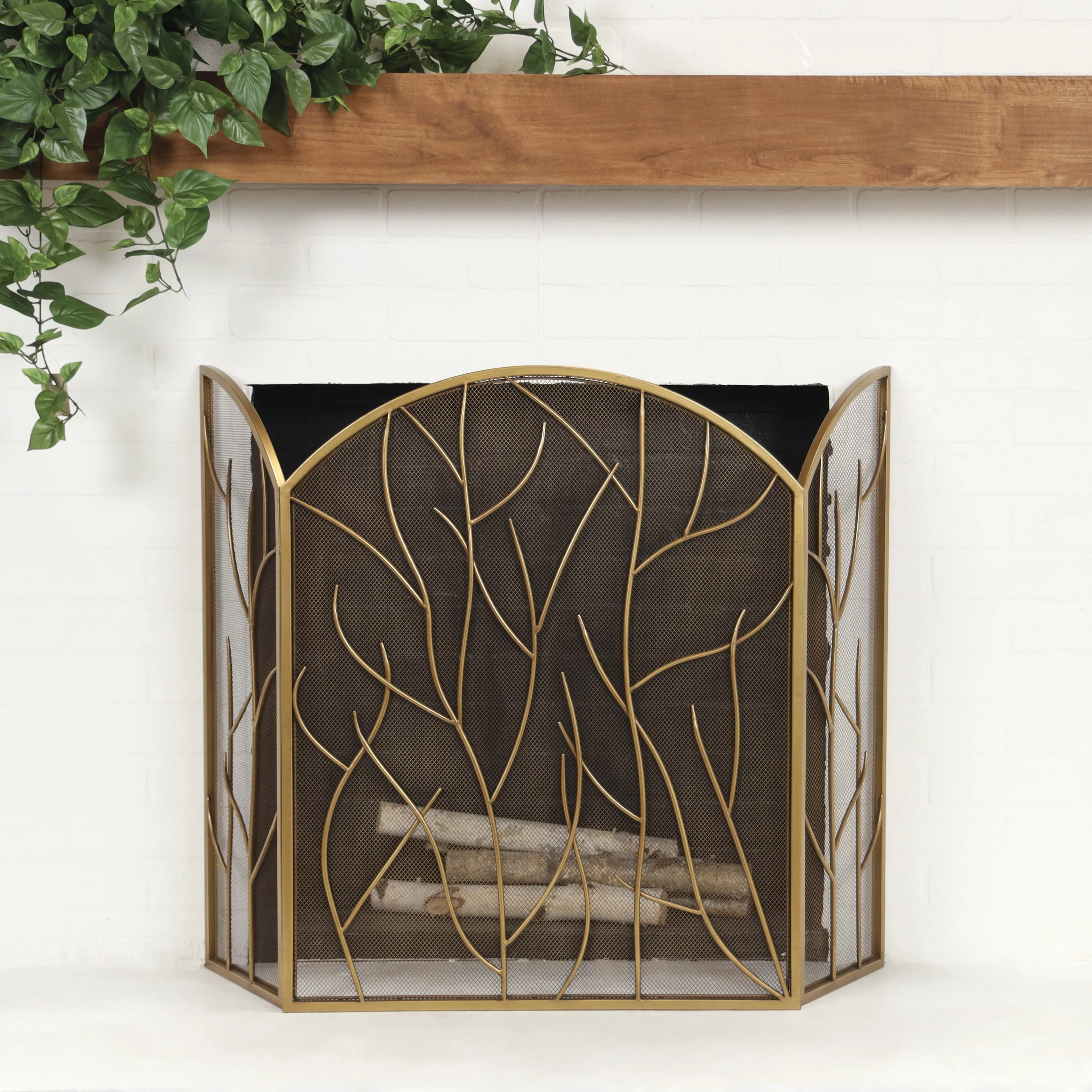 DecMode 25' x 31' Gold Metal Arched 3 Panel Tree Fireplace Screen with Branch Inspired Design, 1-Piece