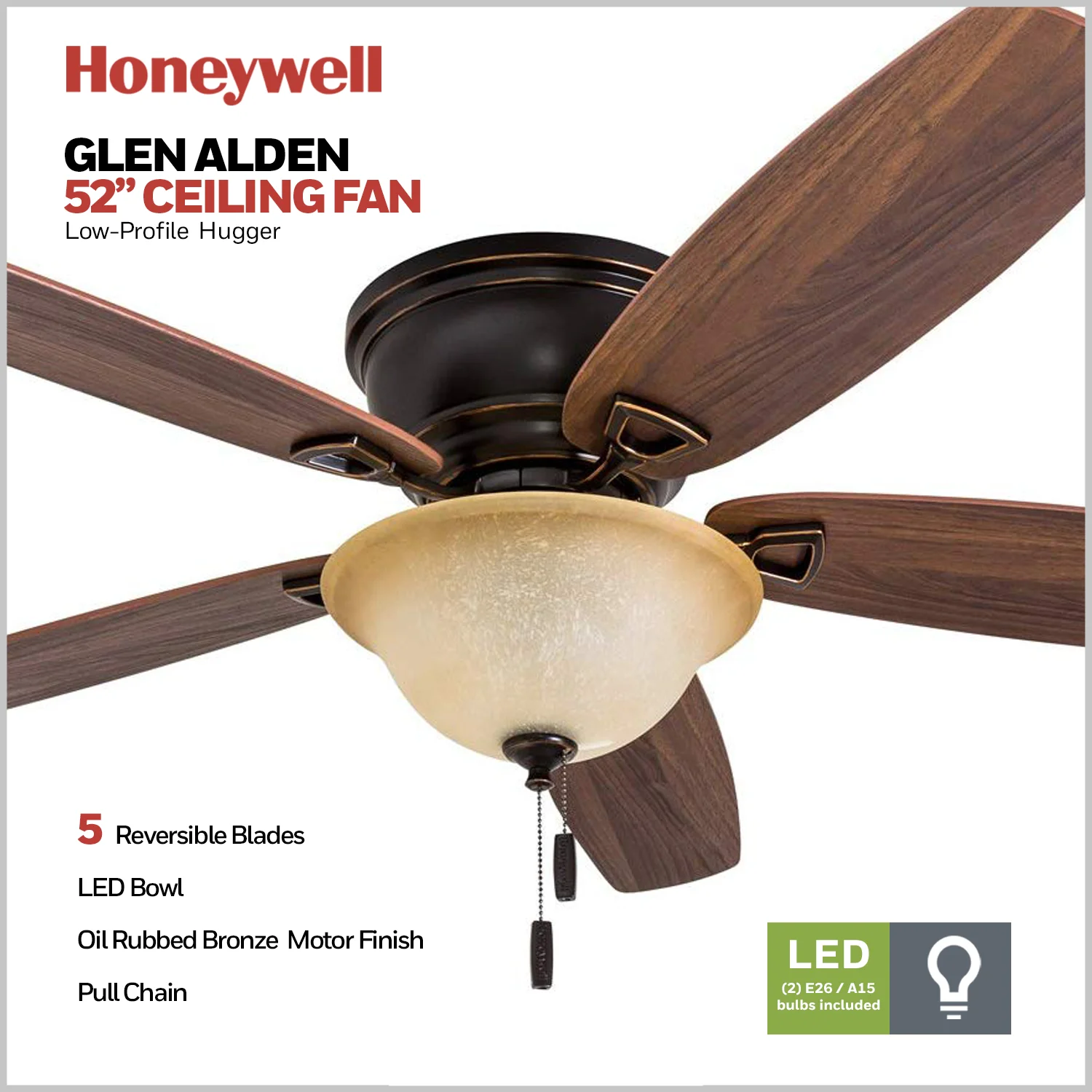 Honeywell Glen Alden 52' Bronze Low Profile Ceiling Fan with 5 Blades, Bowl Light Kit, Pull Chains & Reverse Airflow