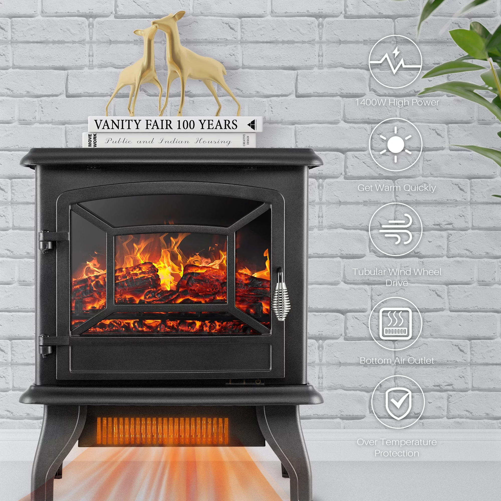 DELLA 17' Freestanding Portable Electric Fireplace Stove 1400W Infrared Quartz Realistic 3D Flame Firebox w/ Logs Heater
