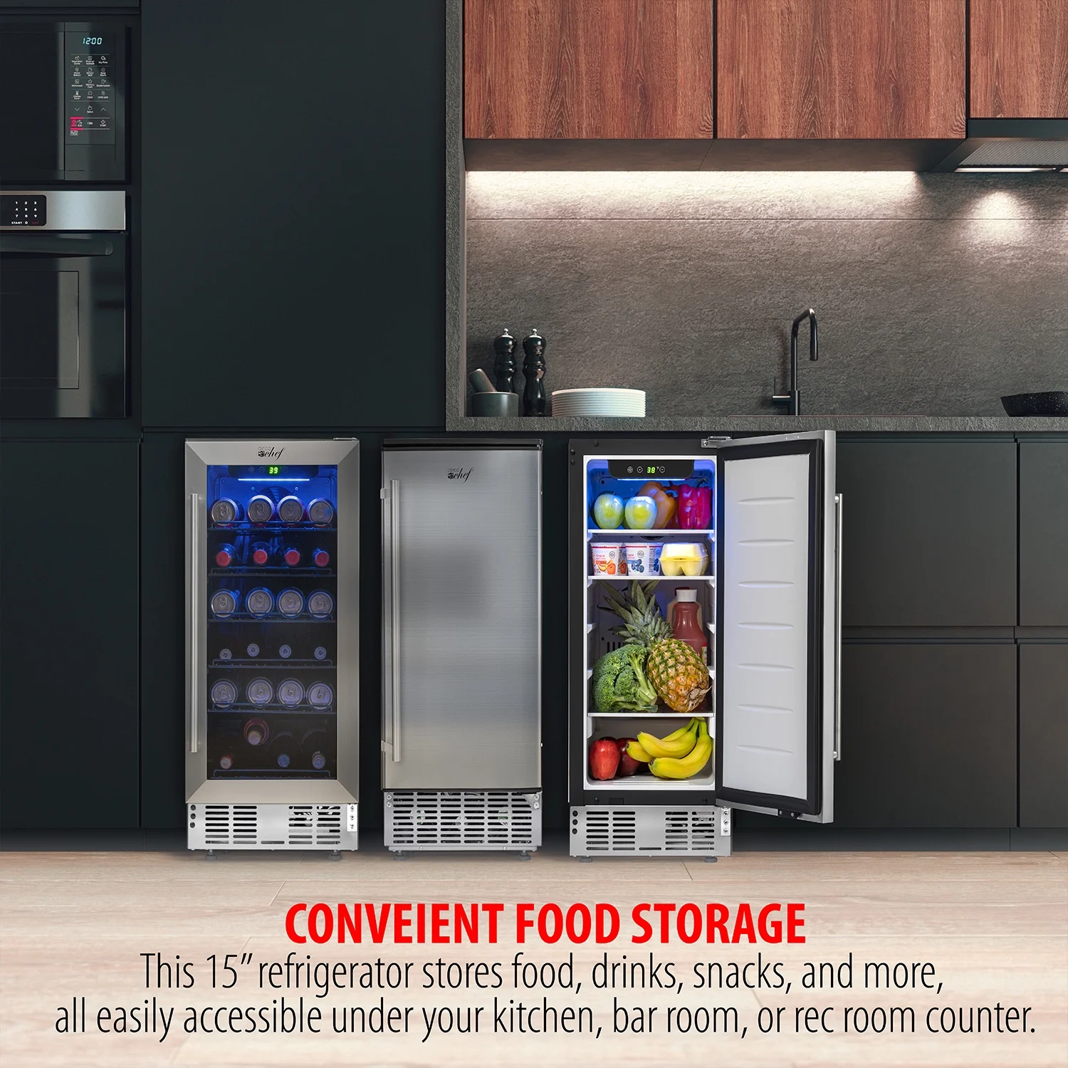 Deco Chef 15-Inch Under Counter Mini Fridge, Stainless Steel Finish, Adjustable Digital Thermostat, 32��F to 50��F, Refrigerator for Food, Snacks, Sodas, Beer, Wine