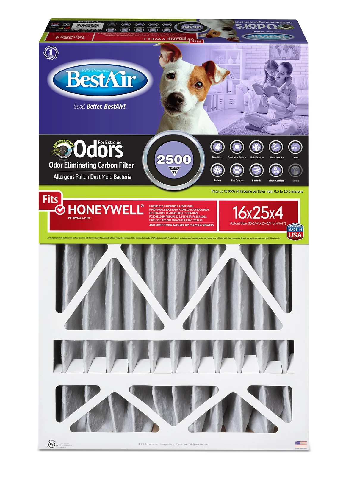 BestAir PFHW1625-11CR Carbon Infused Honeywell 16x25x4 Series 2500 Merv 11 Furnace Filter