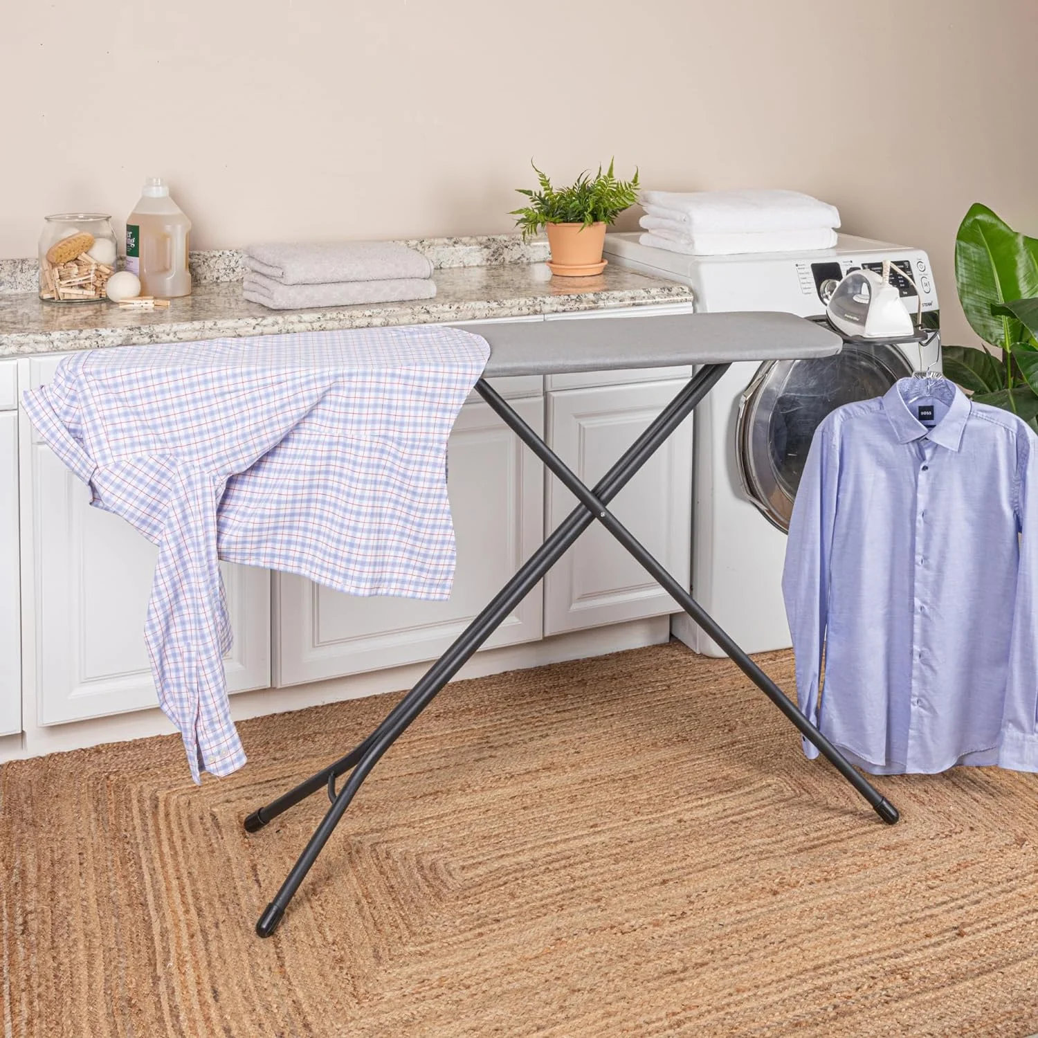 Ironing Board, 4-Leg, with Steel Top and Iron Rest, Cotton Cover with Fiber Pad, Heat and Stain Resistant, Matte Black Frame, Grey Cover