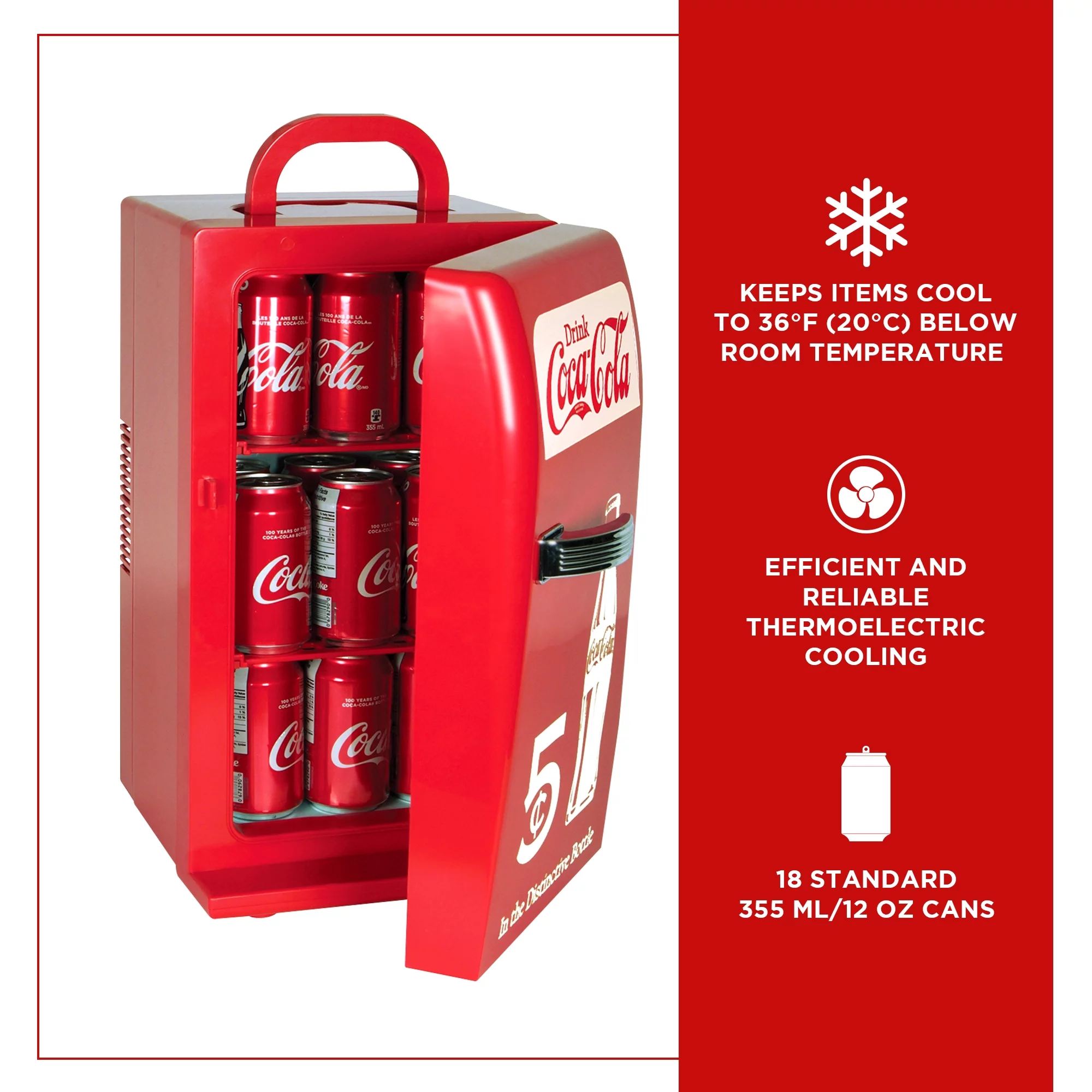 Coca-Cola 18 Can Retro Mini Fridge, 12-Volt Portable Cooler, Travel cooler for Beverage 22L (23 qt)