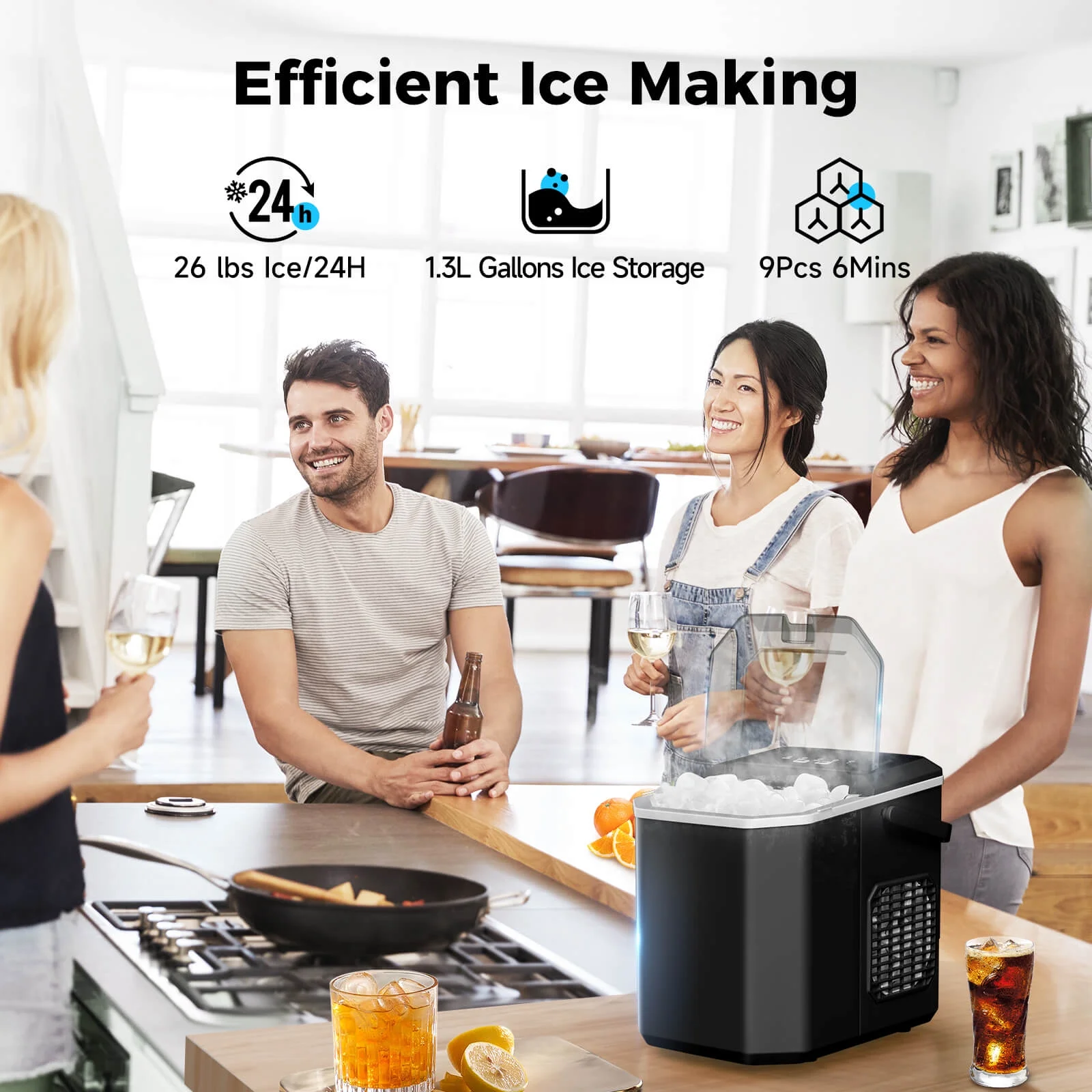 FREE VILLAGE Countertop Ice Maker with Handle,26Lbs/24H Bullet-Shaped Ice Cubes, Self-Cleaning Ice Machine with Ice Bags, Scoop, and Basket for Home/Kitchen/Party(Black)