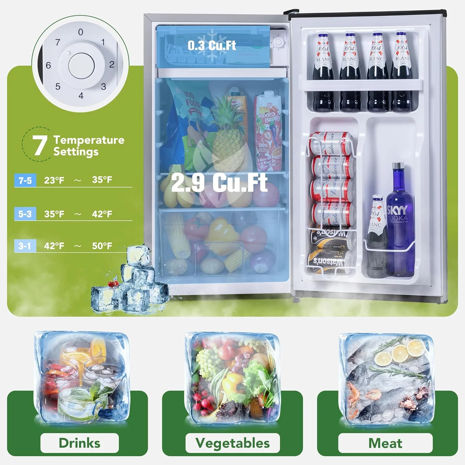 3.2 Cu.Ft Mini Fridge for Bedroom Office, Mini Fridge with Freezer, Mini Small Refrigerator with Adjustable Thermostat, Low Noise, Energy Saving, Sliver