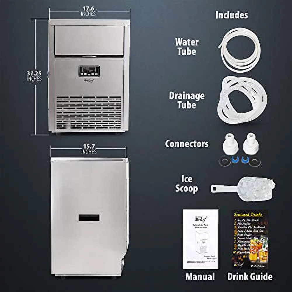 Deco Chef Commercial Ice Maker �C 99lb Every 24 Hours �C 33lb Storage Capacity �C Stainless Steel �C Great for Hotels, Restaurants, Bars, Homes, Offices �C Includes Connection Hoses and Ice Scoop