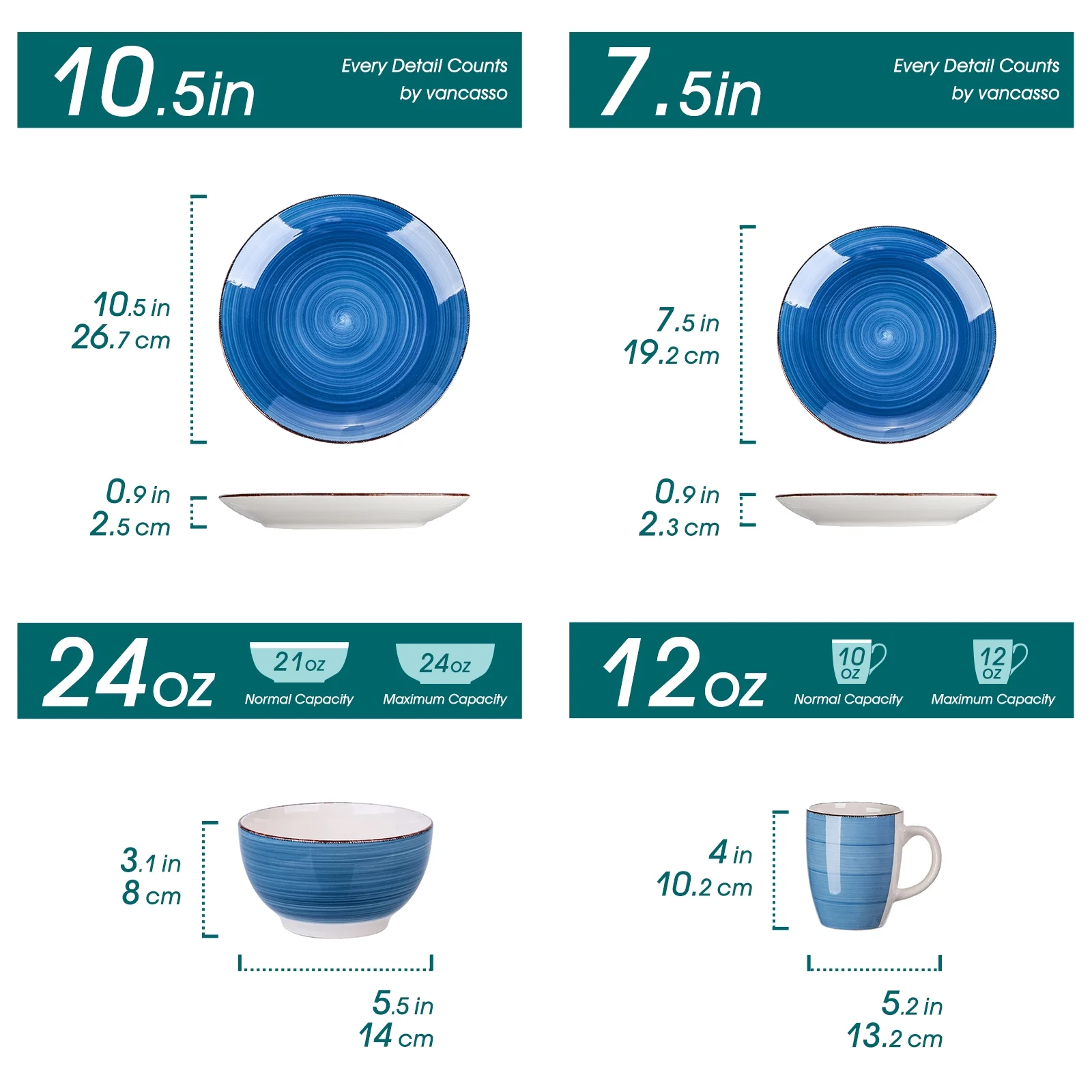16-Piece Stoneware Dinnerware Set, Blue Dinner Set, Service for 4
