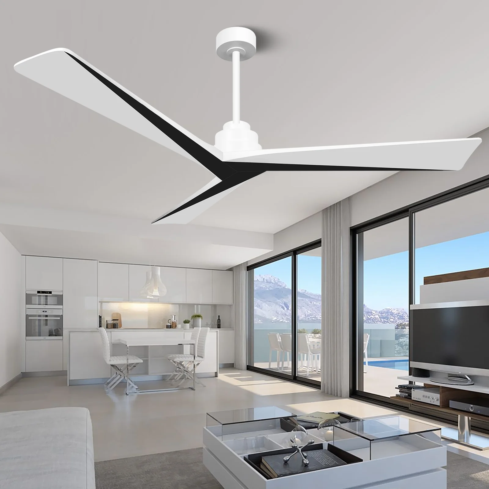 KAPOEFAN 60inch Ceiling Fan No Light, Outdoor Ceiling Fans Without Light, Modern Wood Black and White Ceiling Fans with Remote, Quiet DC Motor 6 Speeds 8H Timer for Indoor Farmhouse Patio Yard
