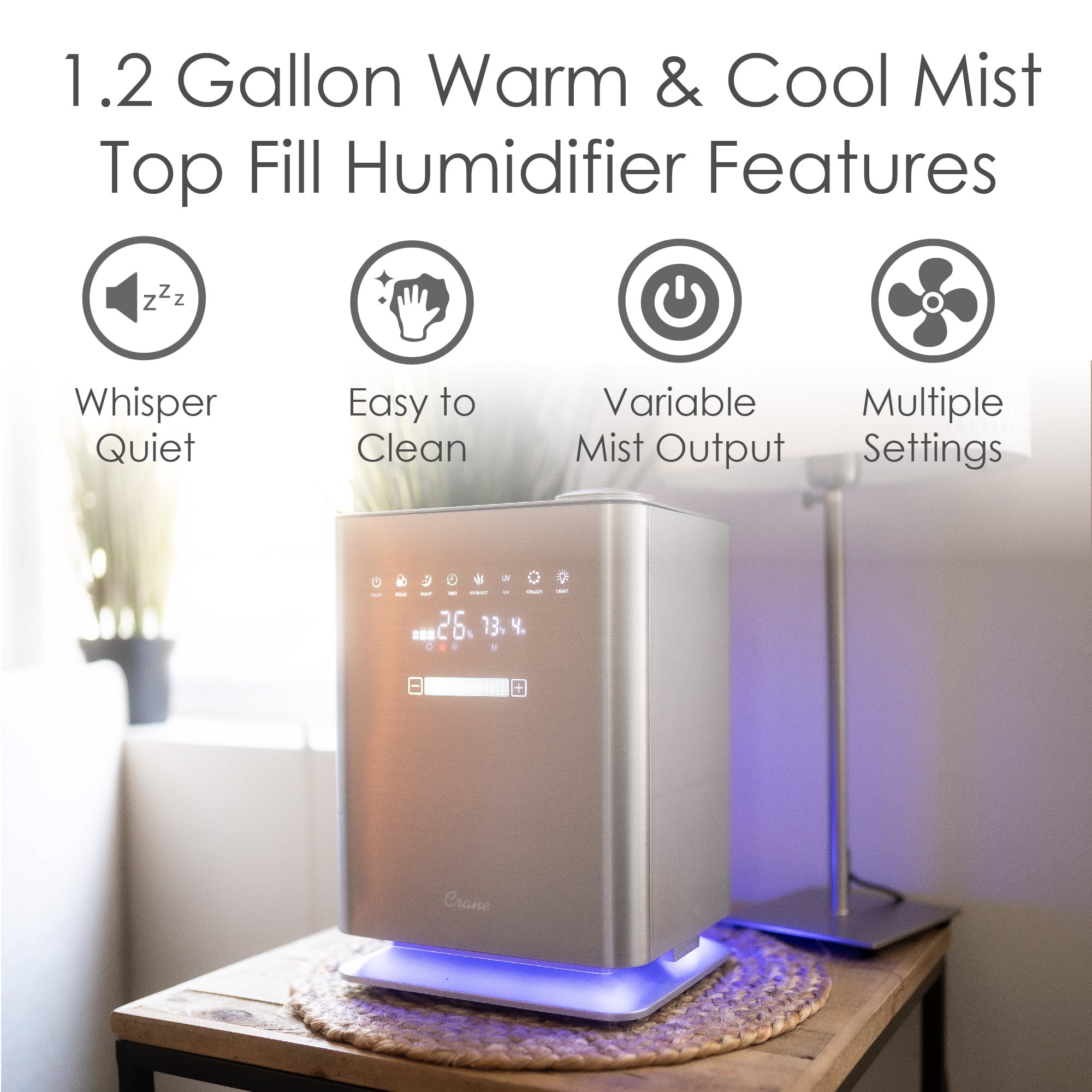 Crane USA 1.2 Gallon Warm & Cool Mist Top Fill Humidifier with Remote, 500 Sq. Ft Coverage, UV Ionizing Light, Metallic
