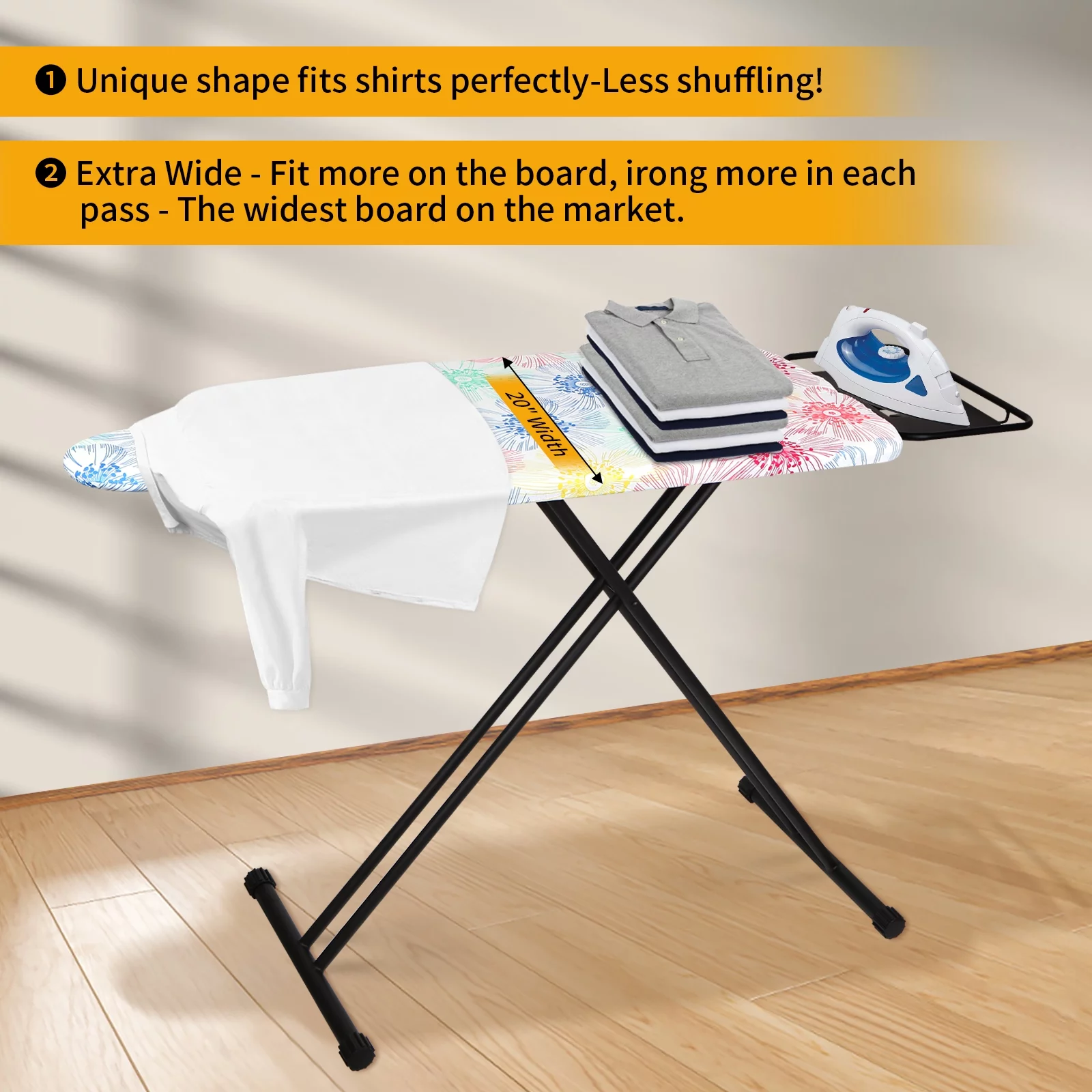 KDJ HOME SLIETON Extra Large Ironing Board with large hang rail and iron rest in 64'L x 20'W x 38'H (Floral Cover)