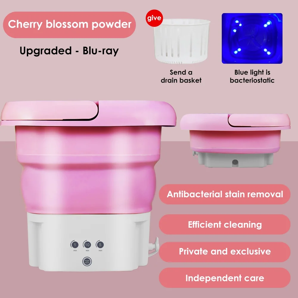 Foldable Portable Washing Machine 4.5L Mini Dehydratable Washer Washing Machine With Drain Basket For Underwear, Personal, Baby-Pink