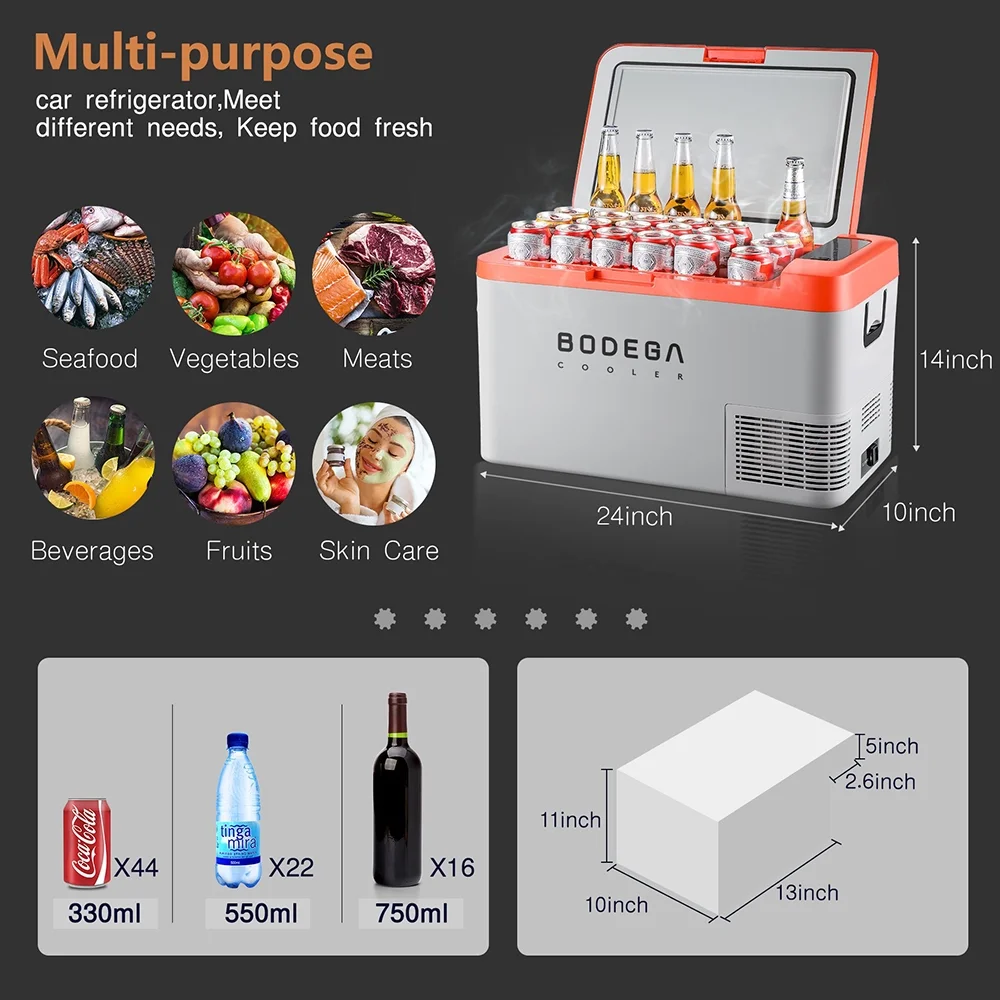 BODEGA 27 Qt. Portable Electric Car Cooler - 25L RV Refrigerator with Freezer Compressor for Whole Family - Orange