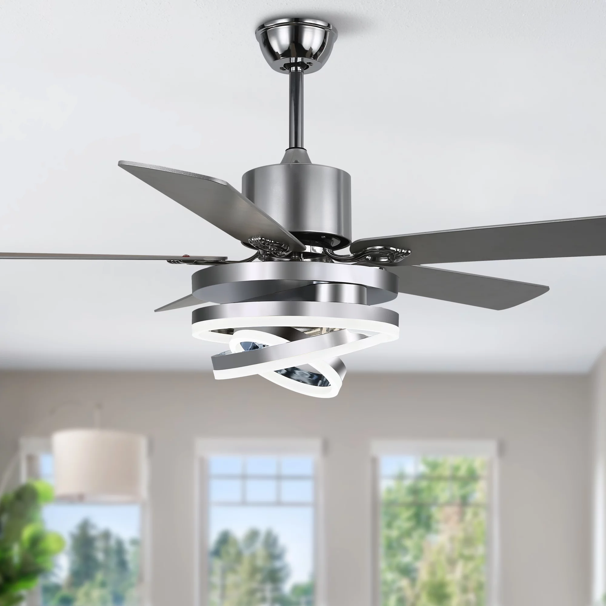 52' Silver Indoor Modern Reversible Ceiling Fan with LED Light, 6-Speed DIY Shape Ceiling Fan with Remote Control