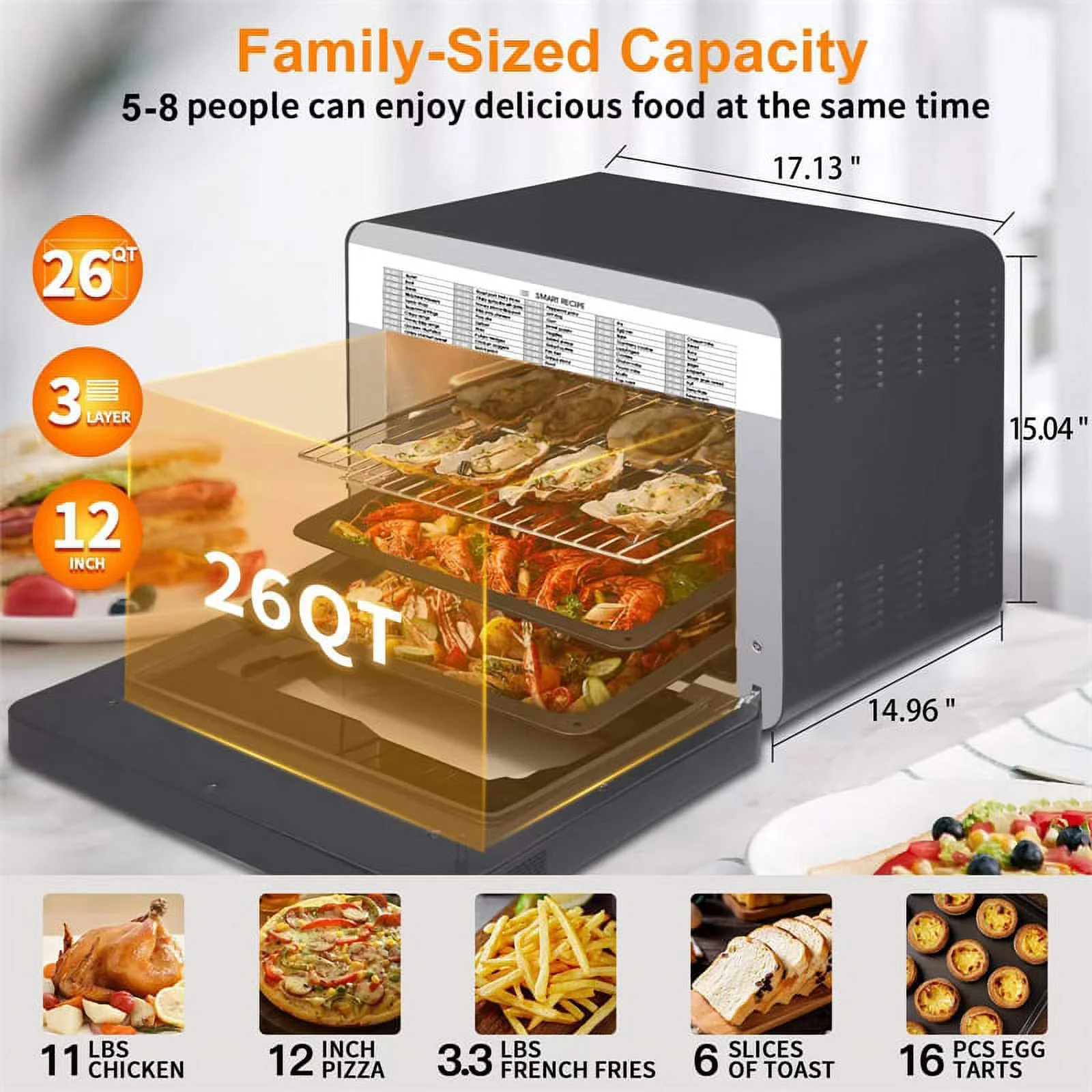 26 QT Steam Convection Oven Countertop 50 Cooking Presets -Black Stainless Steel