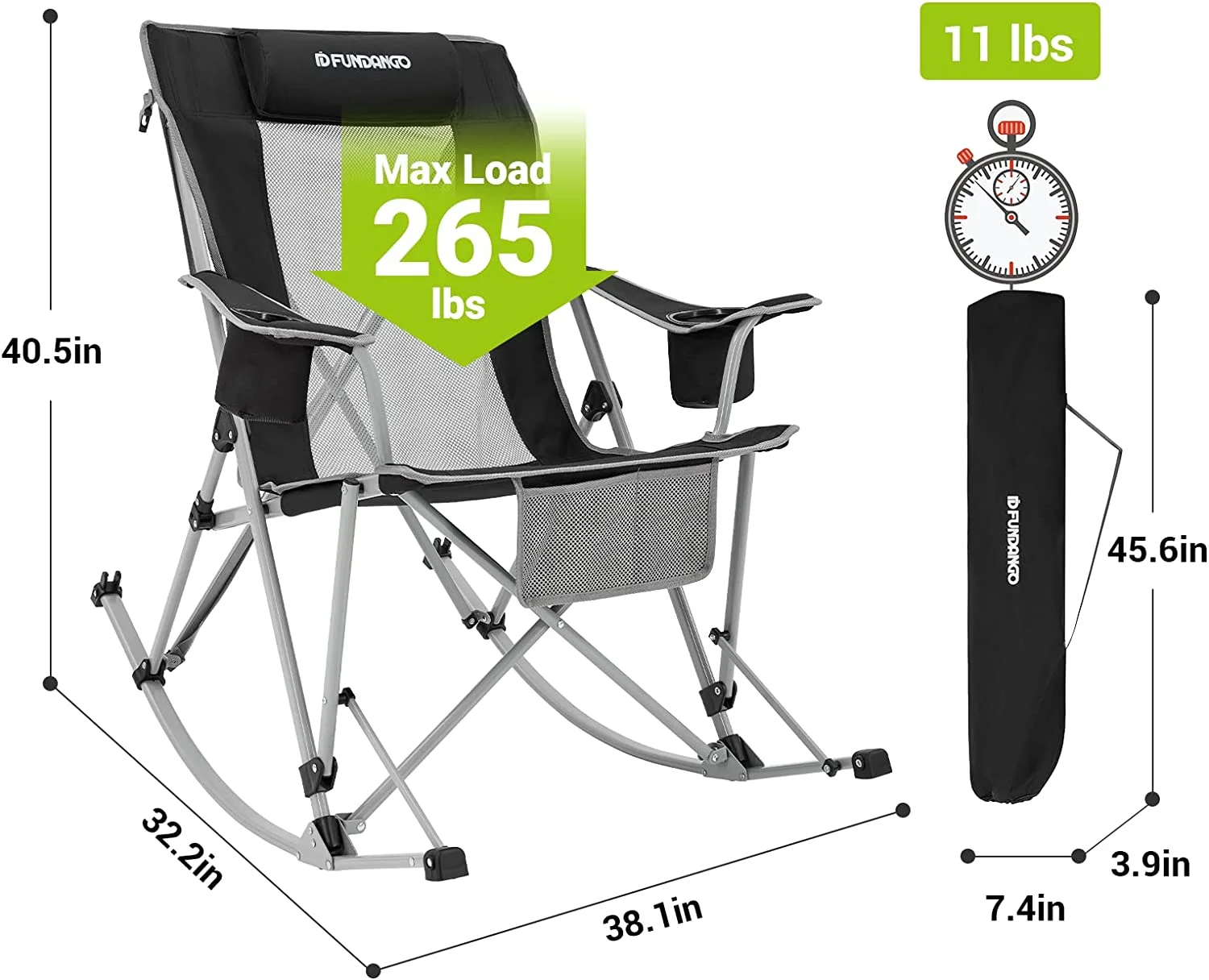 FUNDANGO 2 Pack Camping Rocking Chairs Folding Swing Chair Lounger with Headrest for Adult Support 220lbs Black