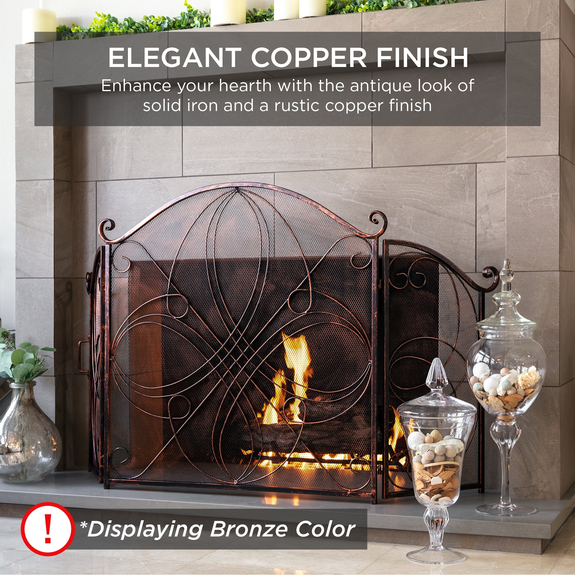Best Choice Products 3-Panel 55x33in Wrought Iron Fireplace Safety Screen Decorative Scroll Spark Guard Cover - Pewter