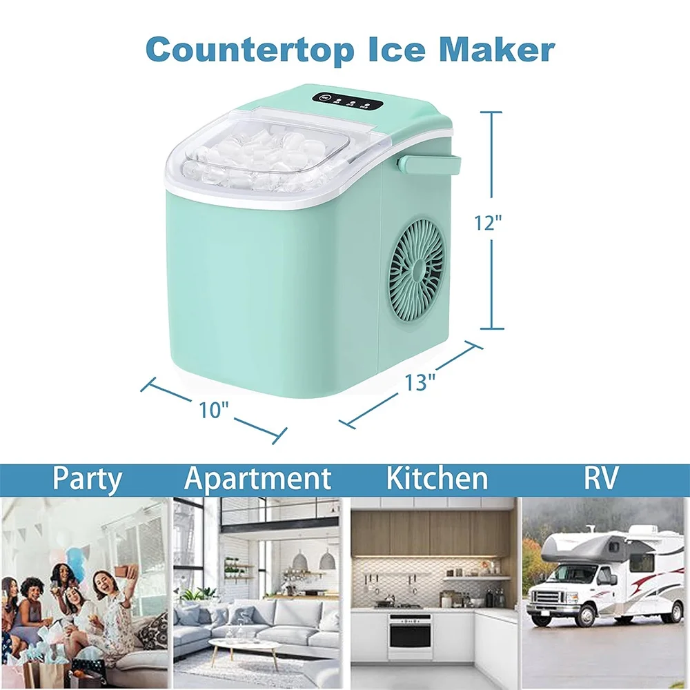Ice Maker w/Self-Cleaning, Countertop Ice Machine w/Basket & Ice Scoop, Green
