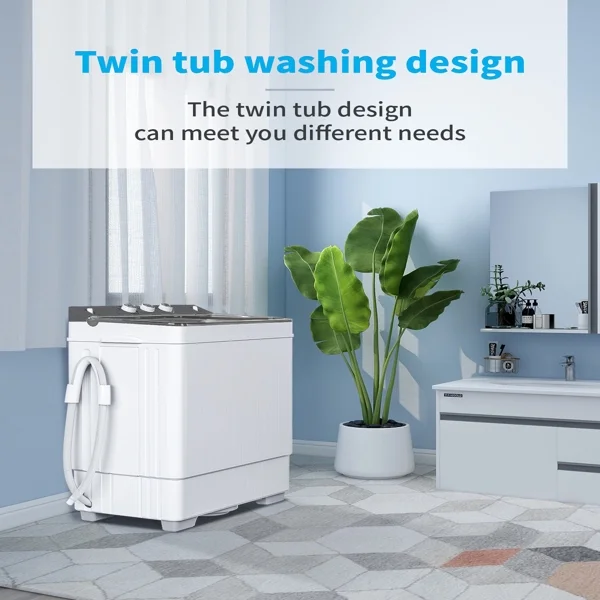 HAOAN Twin Tub with Built-in Drain Pump XPB65-2288S 26Lbs Semi-automatic Twin Tube Washing Machine for Apartment, Dorms, RVs, Camping and More, White & Grey US Standard