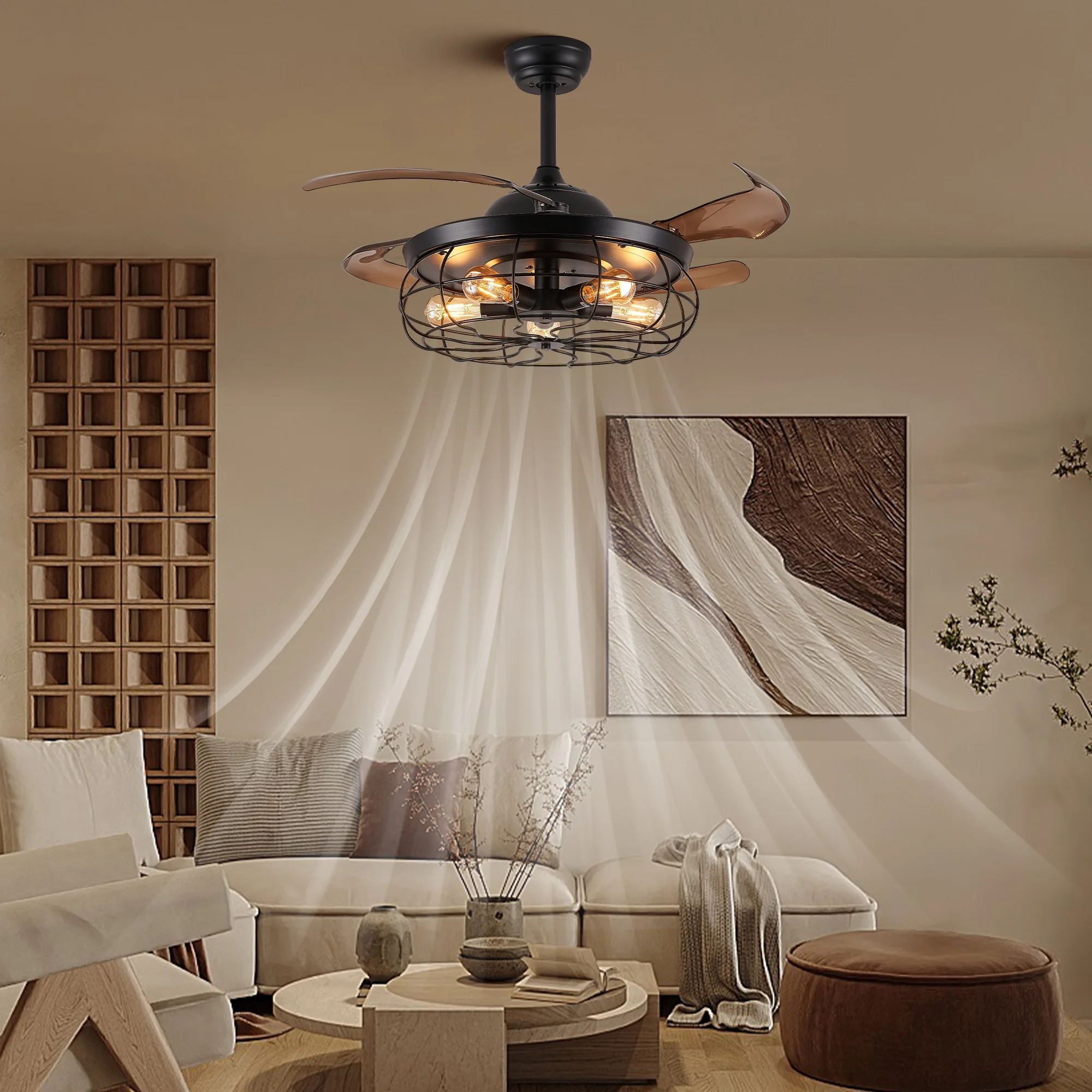 KAYLA Indoor Caged Ceiling Fans, Black Ceiling Fan with Light
