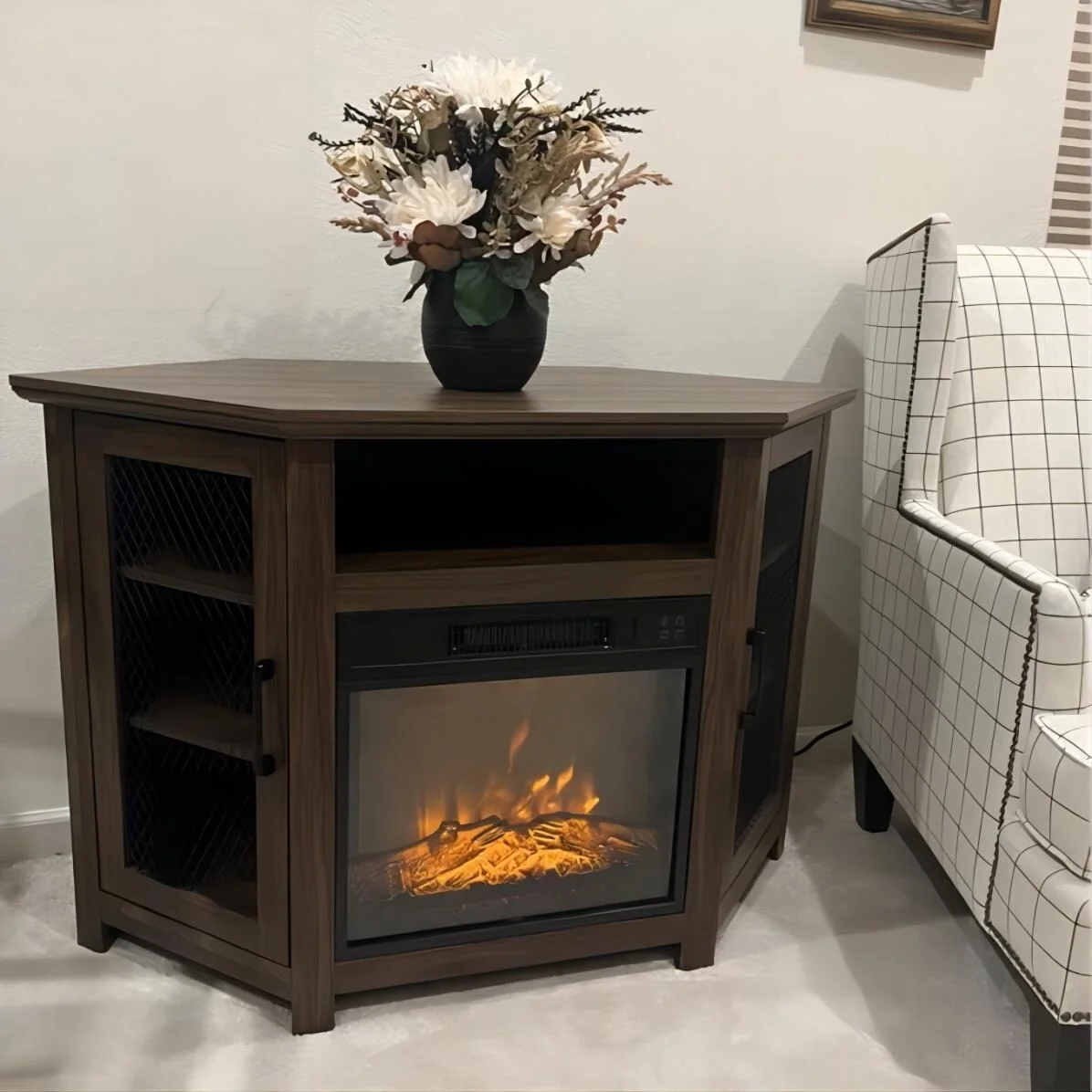 45' Industrial Corner Electric Fireplace TV Stands with 2 Metal Mesh Doors