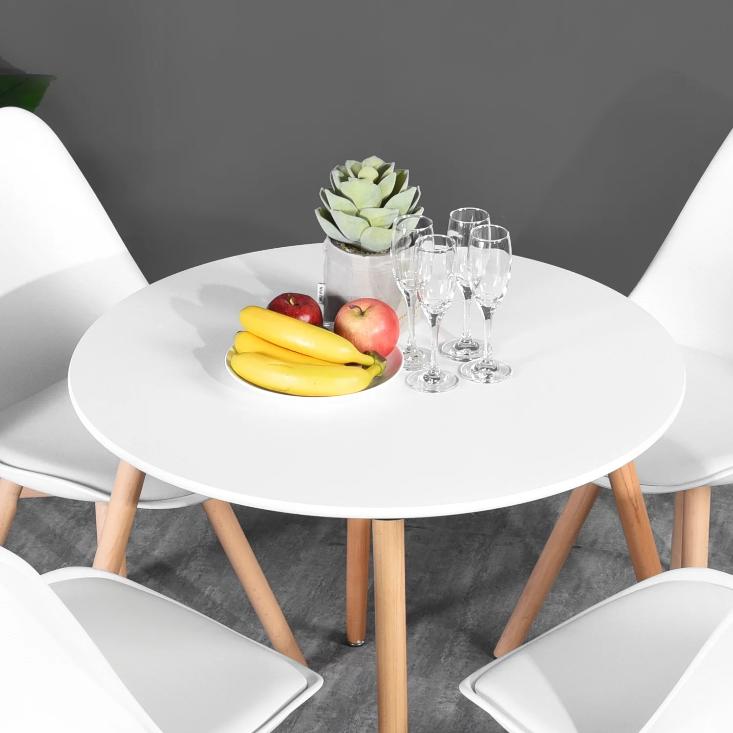 HOMY CASA Modern Round Dining Table, White with Wooden Legs