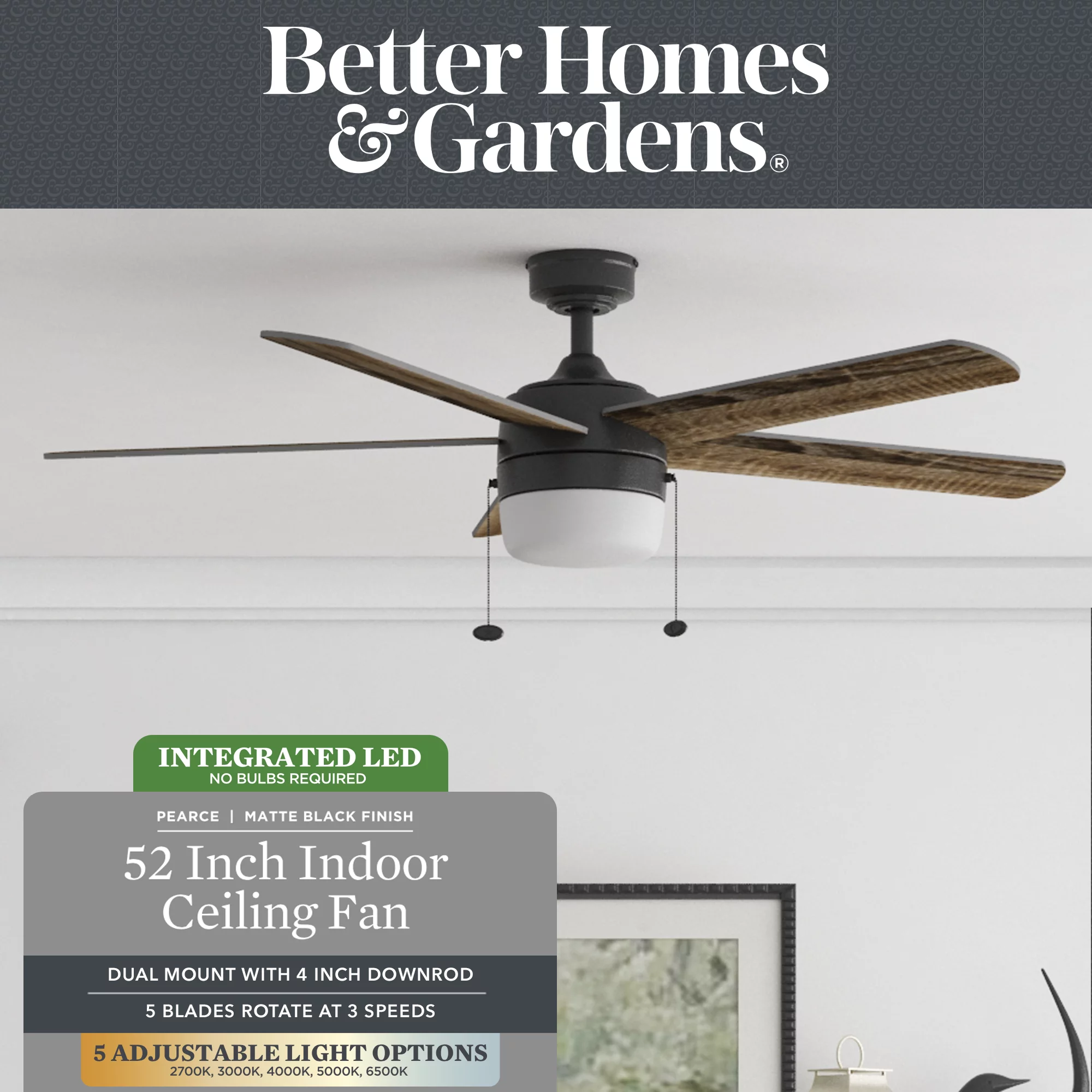 Better Homes & Gardens 52' Pearce Black Indoor Ceiling Fan with Light, Adjustable Color Temperature & Reverse Airflow