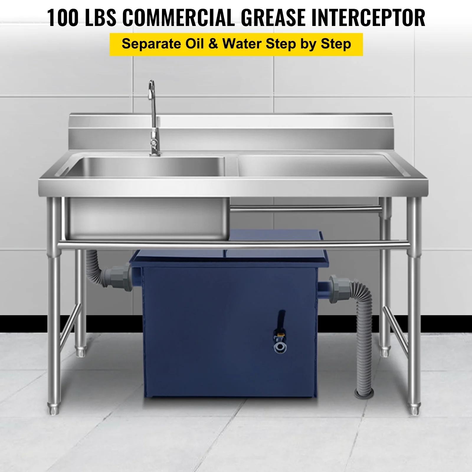 Commercial Grease Interceptor 50 GPM Commercial Grease Trap 100 LB Grease Interceptor Carbon Steel Grease Trap with Side Water Inlet Under Sink Grease Trap for Restaurant Factory Home Kitchen