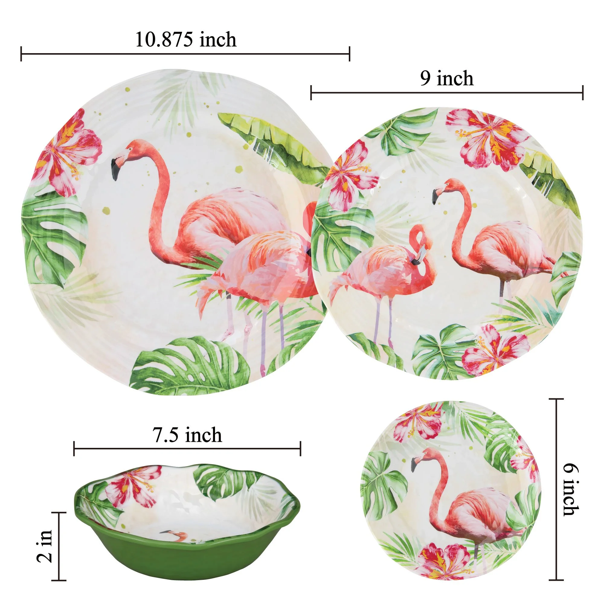 Gourmet Art 16-Piece Flamingo Heavyweight and Durable Melamine Dinnerware Set, Service for 4. Includes Dinner Plates, Salad Plates, Dessert Plates and Bowls, Everyday Use.