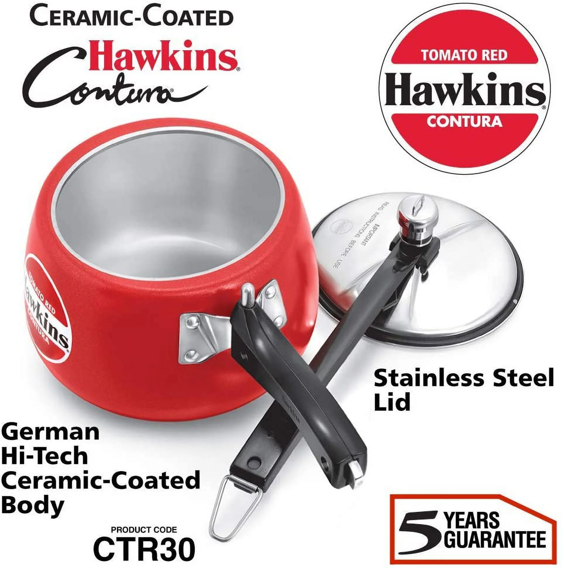 Hawkins Ceramic Coated Contura Pressure Cooker, 3 L, Red