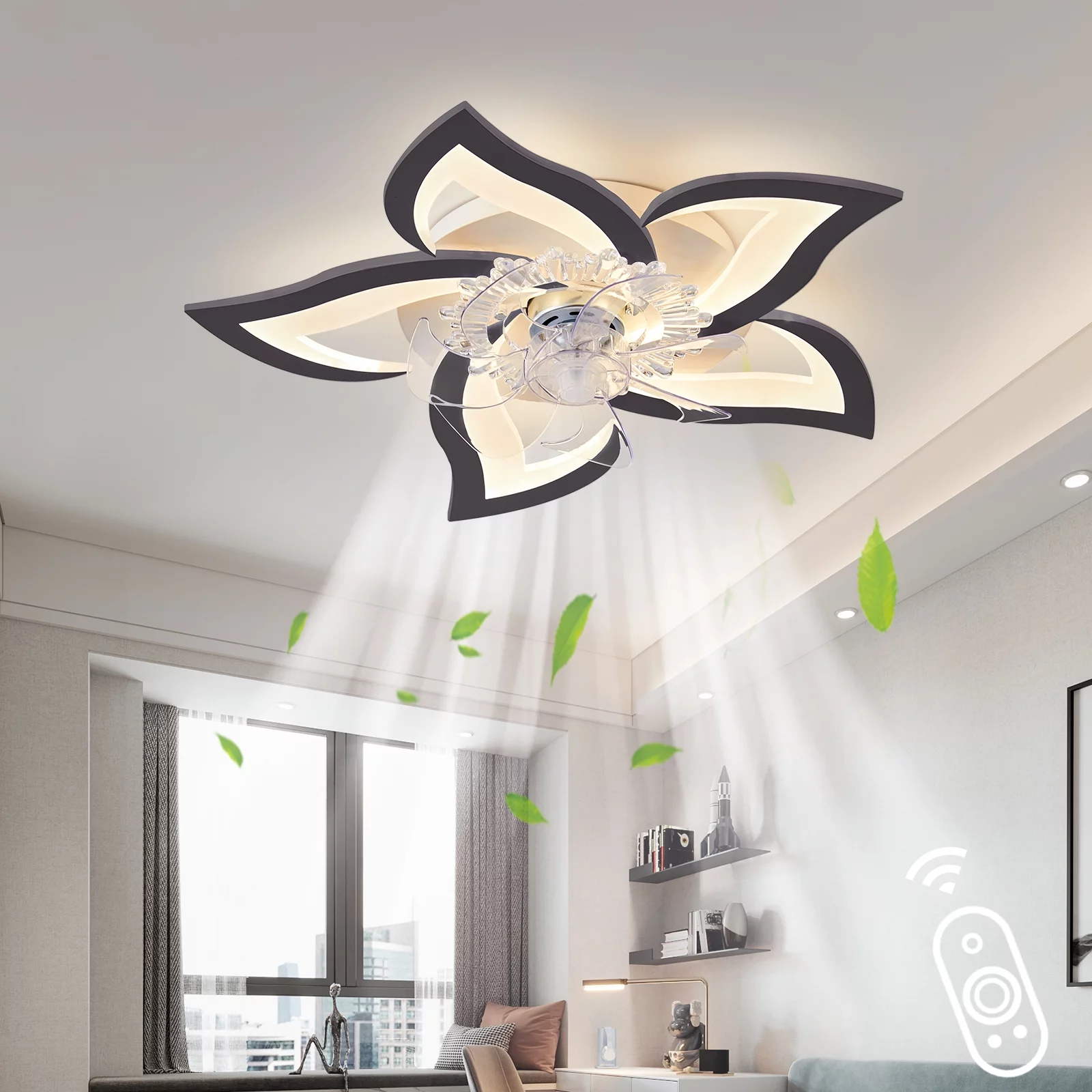 27In Black Ceiling Fans with Lights and APP Remote Control, Modern Flush Mount 3 Color 6 Speeds Dimmable Round 50W Low Profile Ceiling Fan with Lights for Bedroom Children's Room Dining Room Living