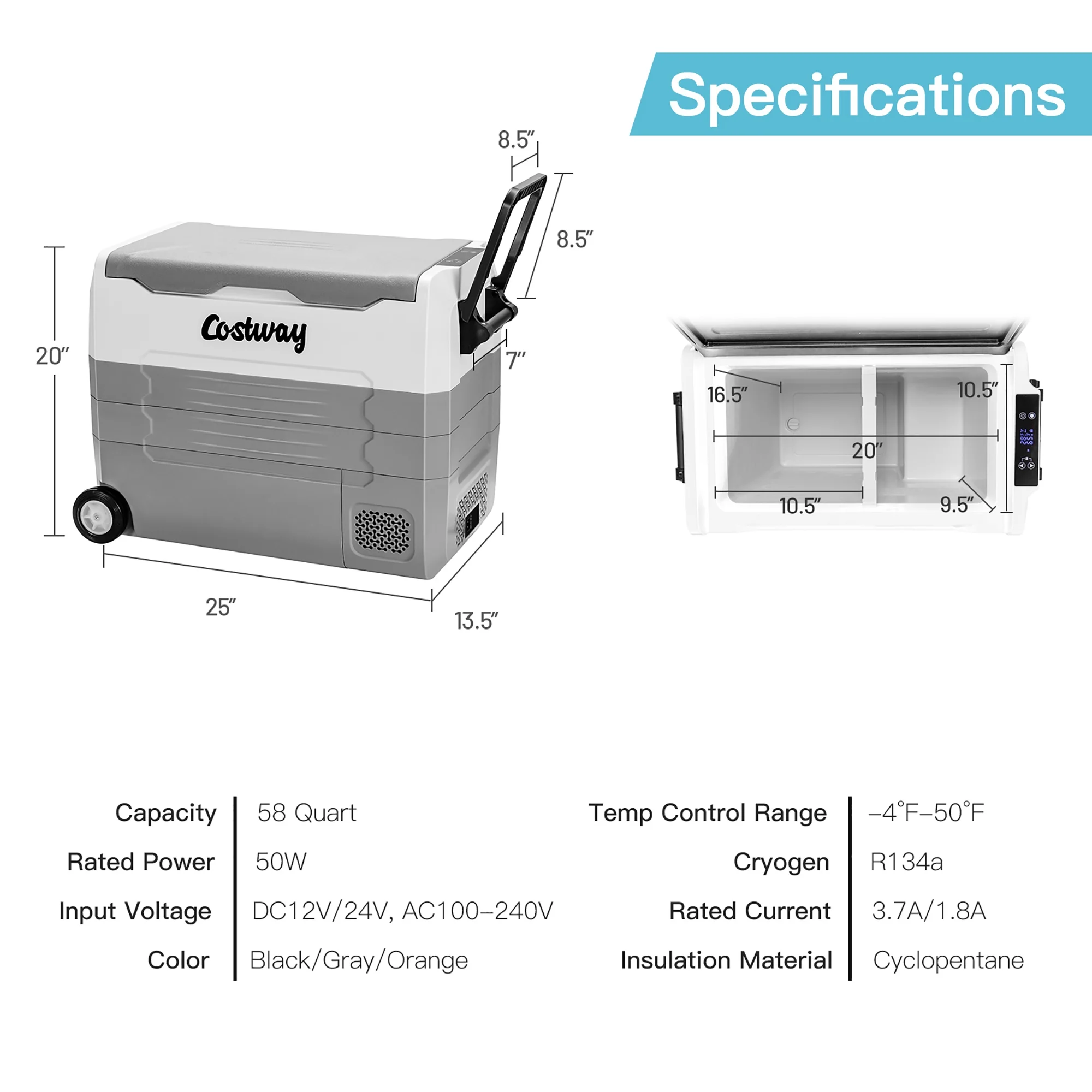 Costway 58 Quarts Car Refrigerator Portable RV Freezer Dual Zone w/ Wheel Gray