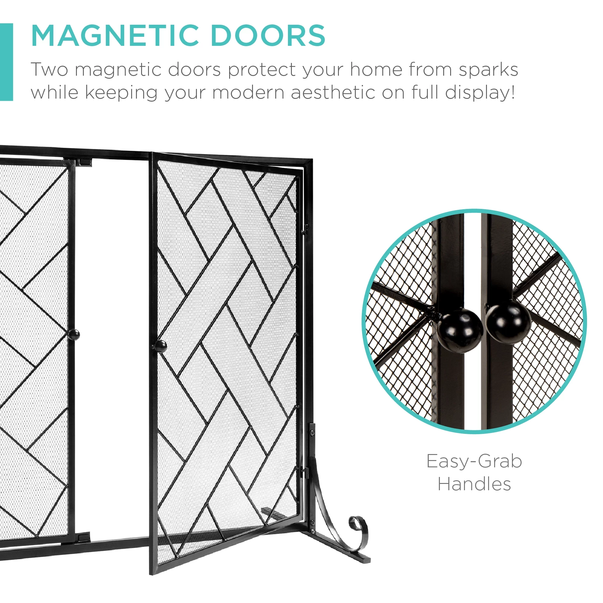 Best Choice Products 44x33in 2-Panel Handcrafted Wrought Iron Geometric Fireplace Screen w/ Magnetic Doors - Black