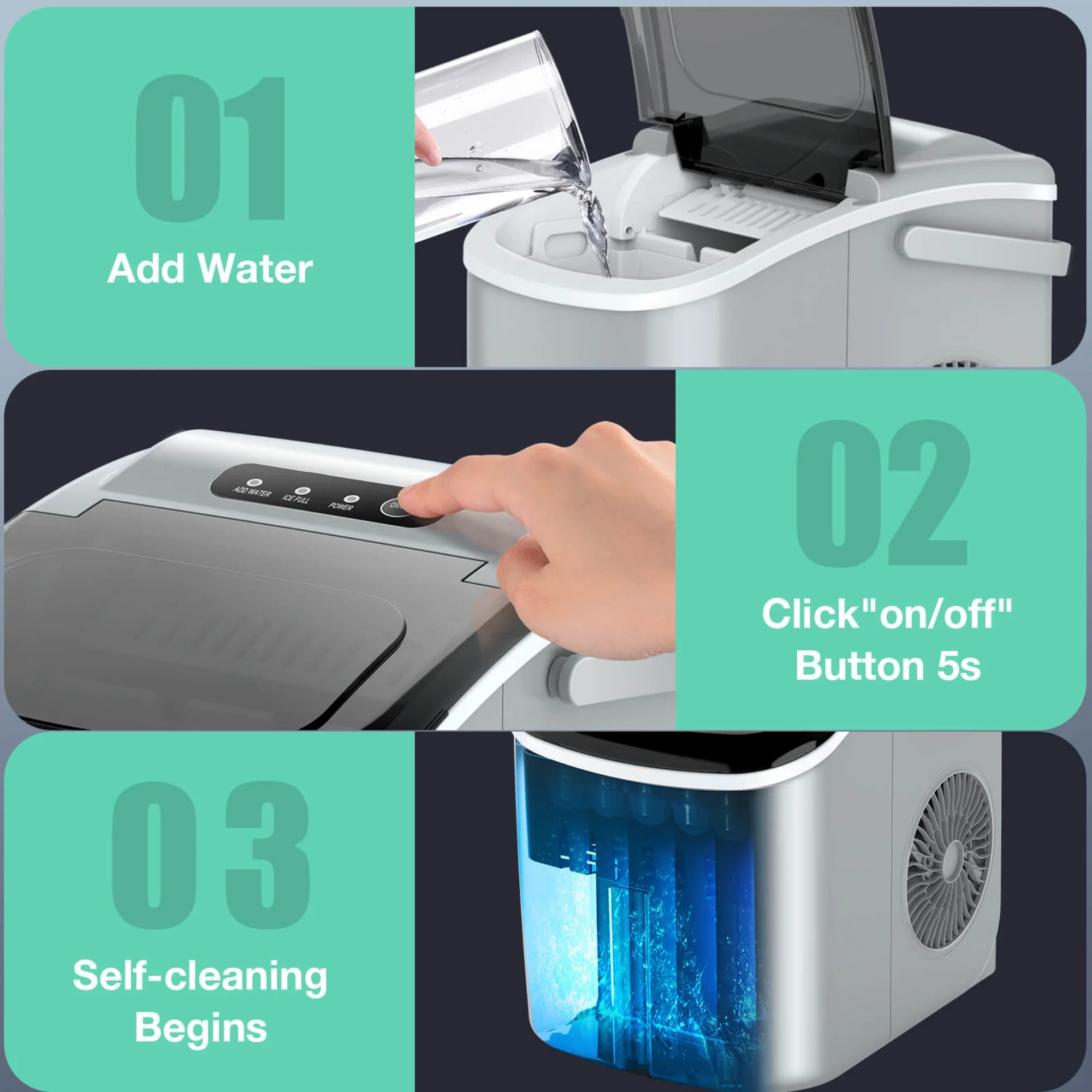 Fornido Countertop Ice Maker Portable Ice Machine with Handle, Self-Cleaning Ice Makers, 26Lbs/24H, 9 Ice Cubes Ready in 6 Mins, S/L Bullet Ice (Grey)