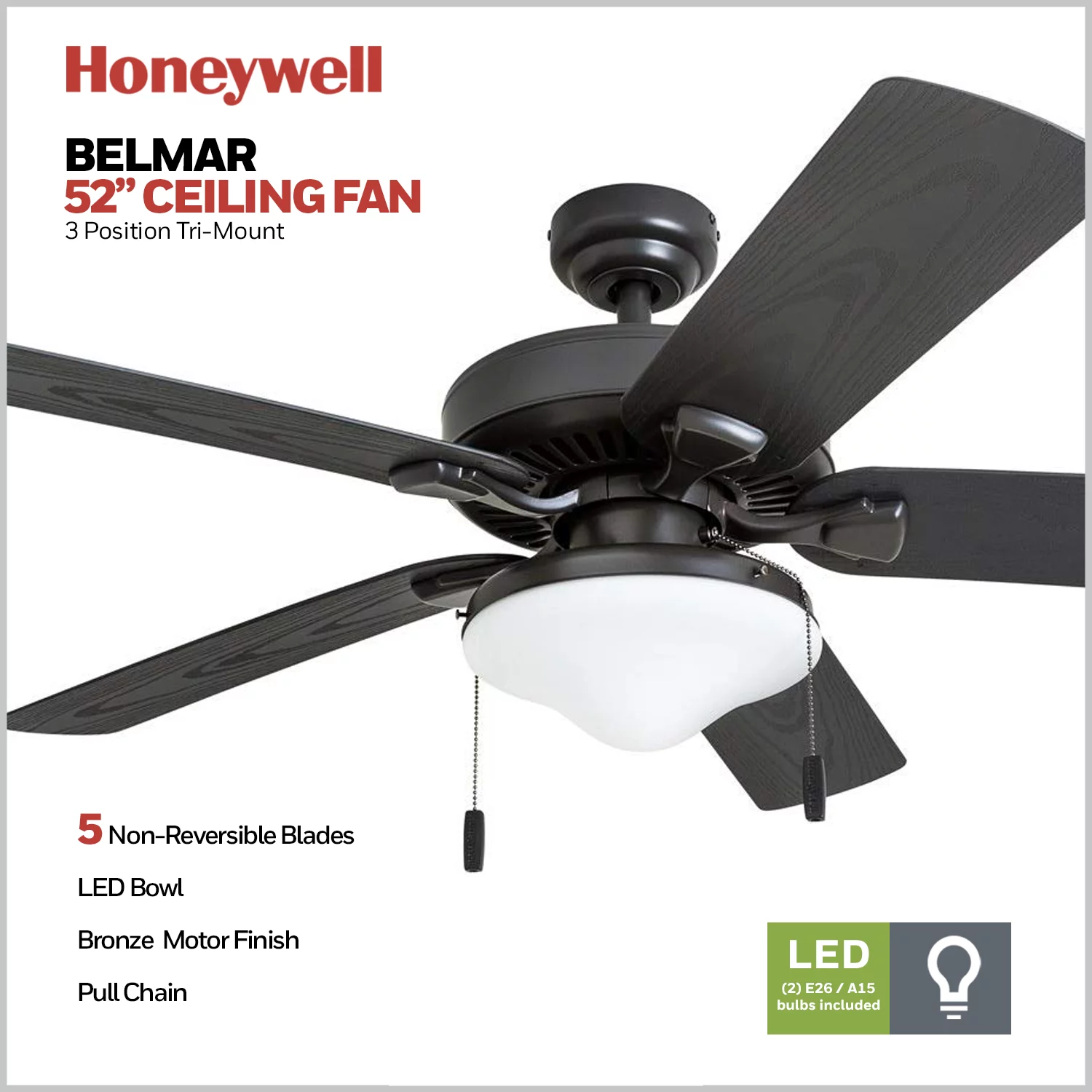 Honeywell Belmar 52' Bronze Indoor/Outdoor Ceiling Fan with 5 Blades, Light Kit, Pull Chains & Reverse Airflow