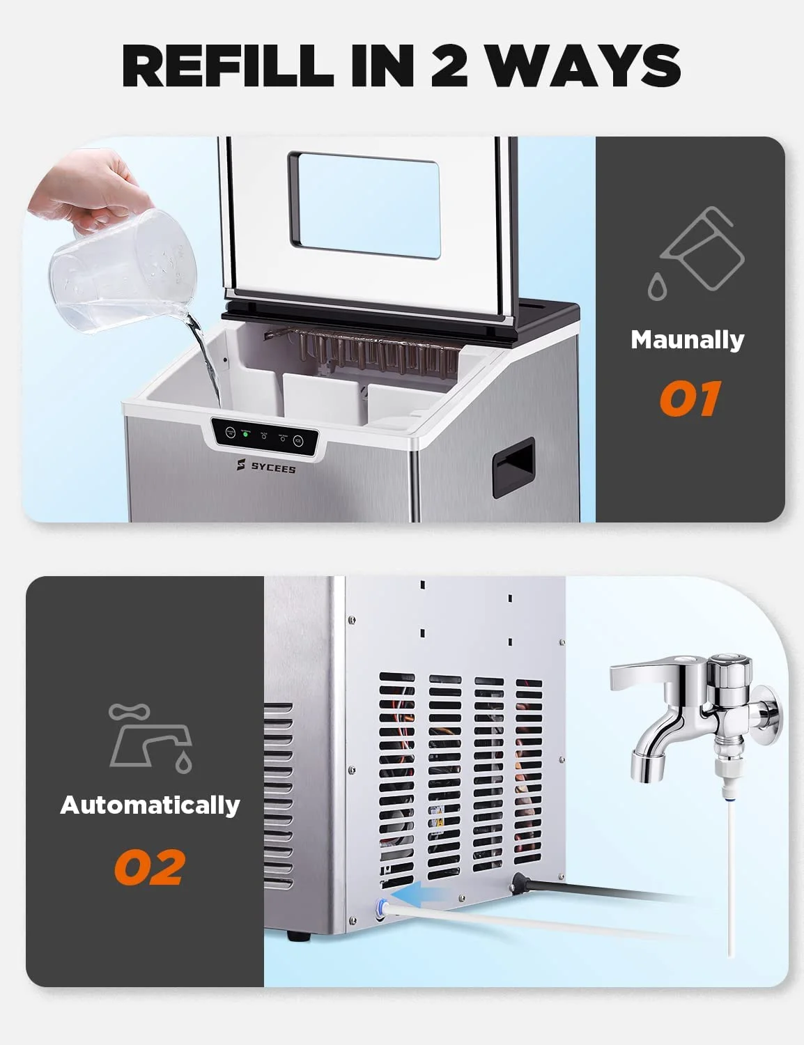 44lb Countertop Ice Maker, SYCEES 2-in-1 24H Ice Maker Machine with Self-clean, Ice Scoop and Basket Perfect for Home Kitchen Office