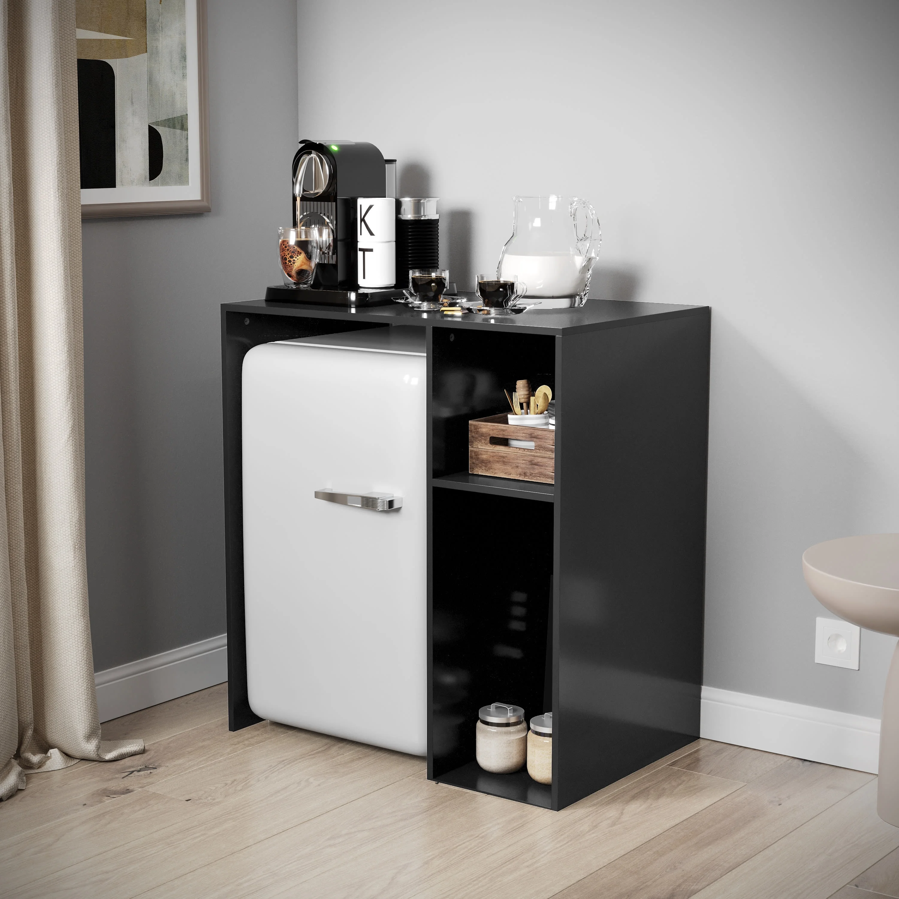 Emma + Oliver Mini Fridge Overshelf with Dual Side Cubbies in Black