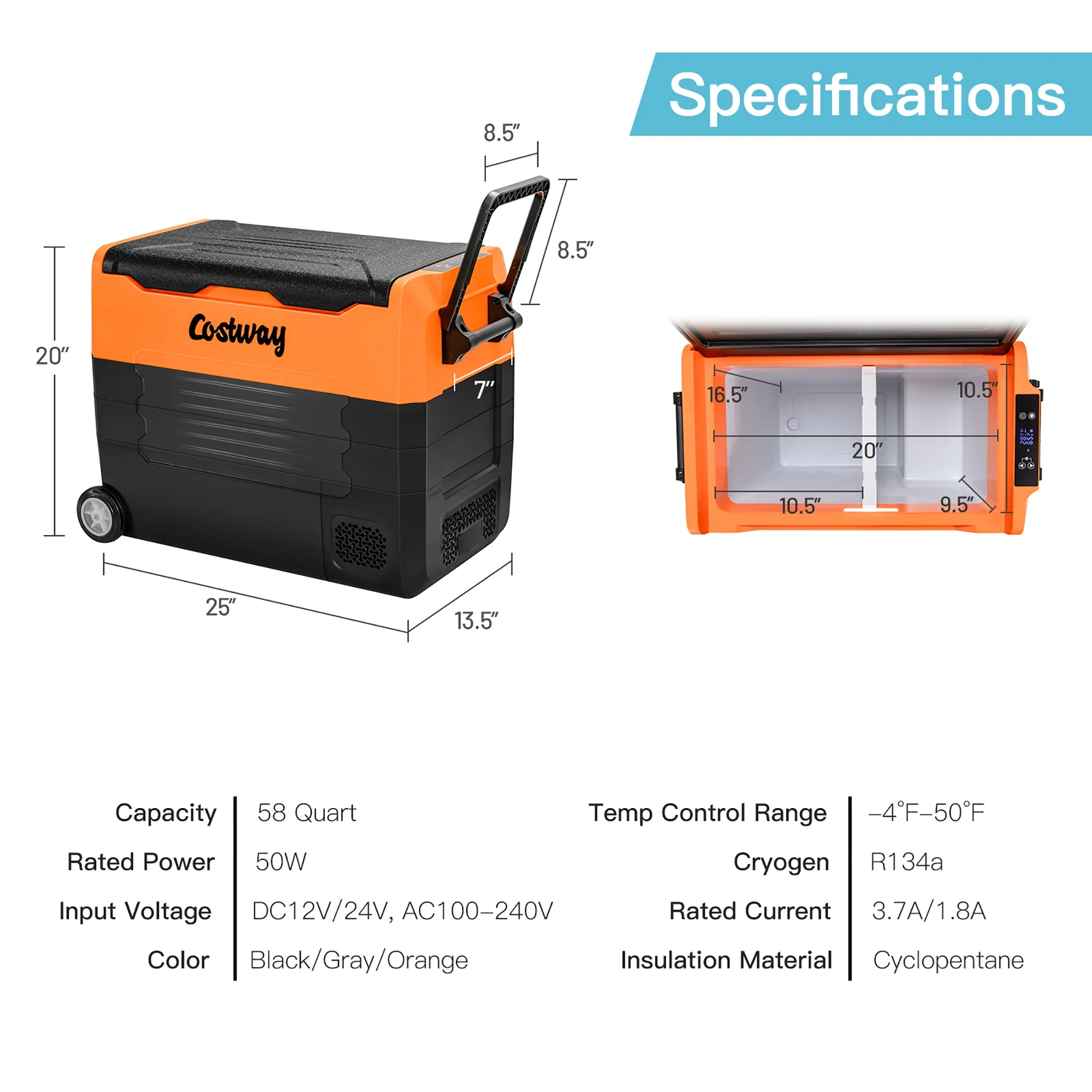 Costway 58 Quarts Car Refrigerator Portable RV Freezer Dual Zone w/ Wheel Orange