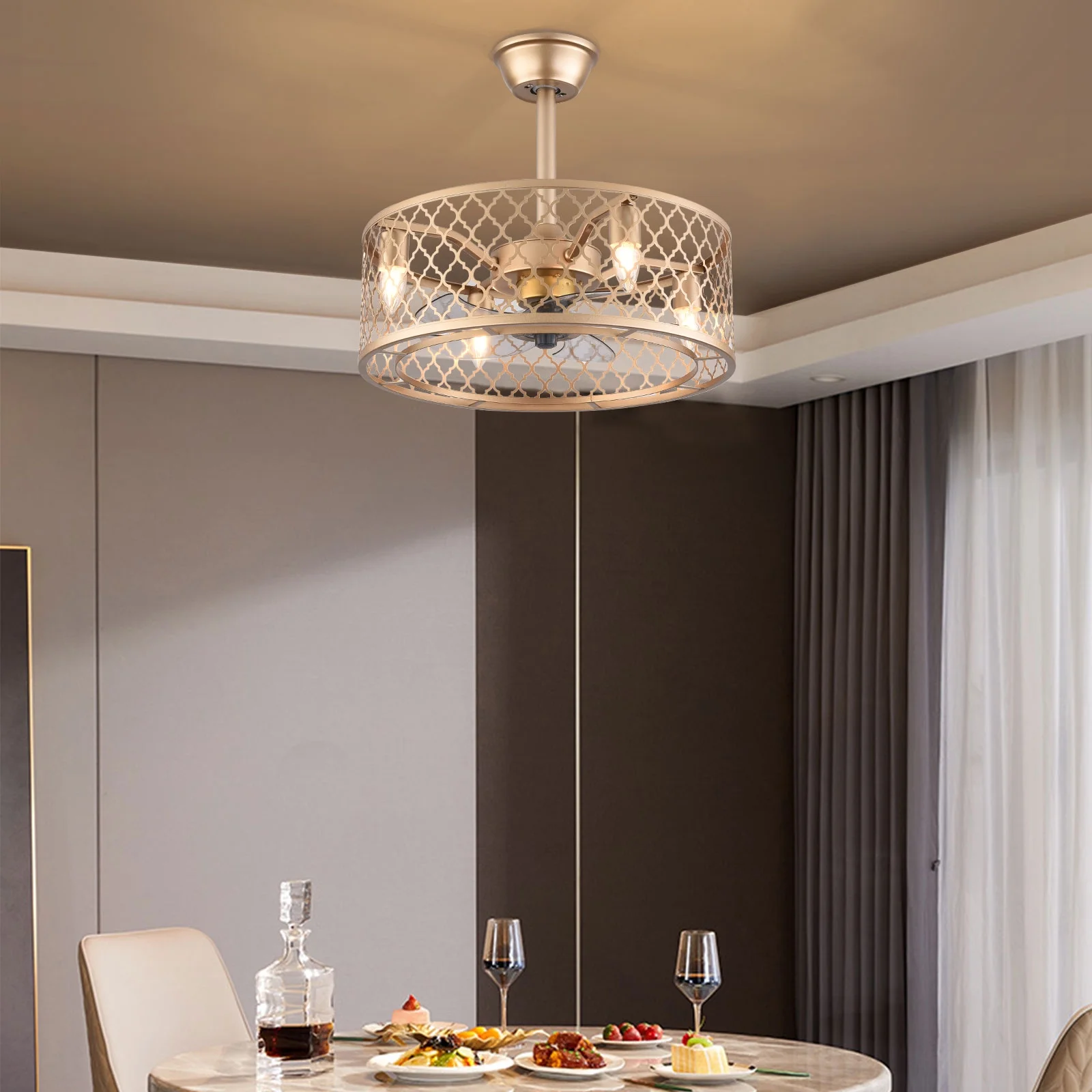 ANQIDI 20' Metal Enclosed Ceiling Fan Light Modern Industrial Chandelier Pendant Lamp Indoor Flush Mount Lighting Fixture + Remote 3 Speed Adjustable